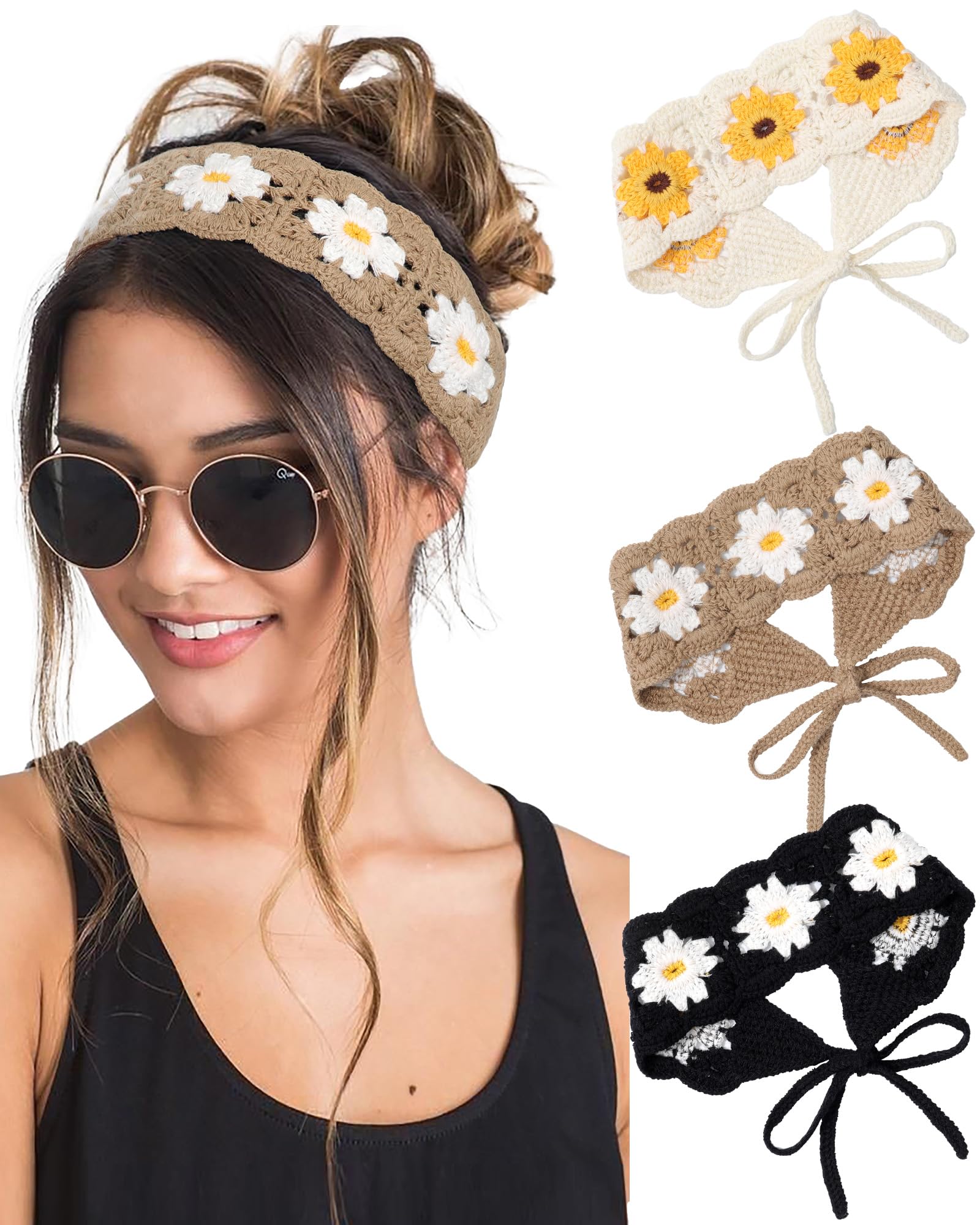 HAIMEIKANG Hippie Hair Bandanas Headbands for Women Boho Headband Knit Hair Bands Floral Head Wrap for Girls(Black+Coffee+Beige)