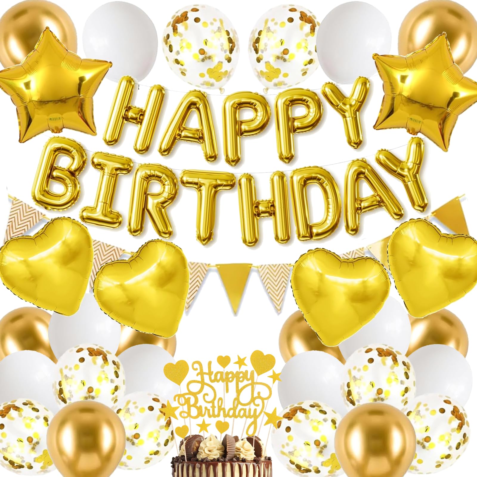 Birthday Party Decoration Supplies, Gold Balloon Kit - 45 Pack Featuring Star & Heart Foil Balloons, Latex Confetti Balloons for Women men kids Birthday Party