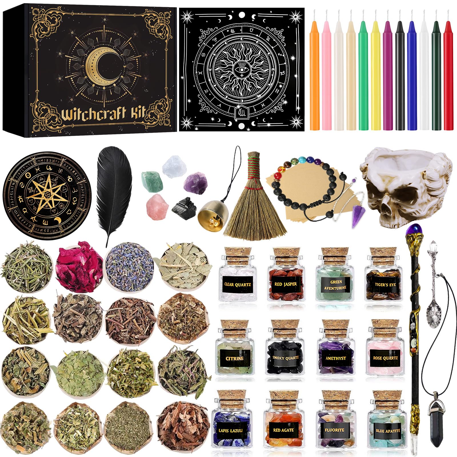 Rileryan 69 PCS Witchcraft Supplies Kit Wiccan Altar Supplies and Tools Witch Crafts Supplies Spell Kit Mini Crystals Witch Candles Witchy Gifts for Women Halloween Acessories