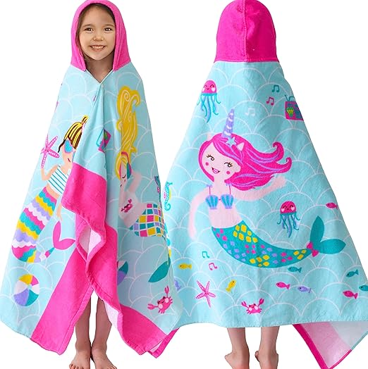 VOOVA & MOVAS Kids Hooded Beach Towel Age 3-10, 30''X50,Soft | Thick | Large | 100% Cotton,Absorbent Beach, Bath, Pool Towels Wrap for Girls, Sea Mermaid