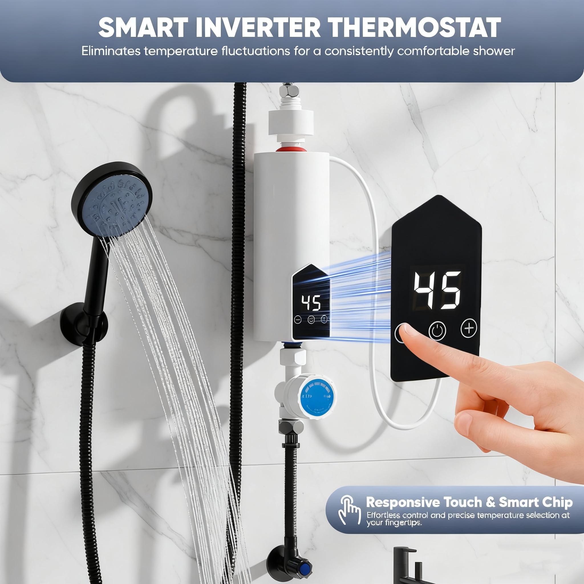 Calentador de agua sin depósito de 5500 W con juego de ducha, calentador de agua instantáneo de 220 V con pantalla digital LCD y botones táctiles, adecuado para ducha, baño/cocina/lavabo (F)