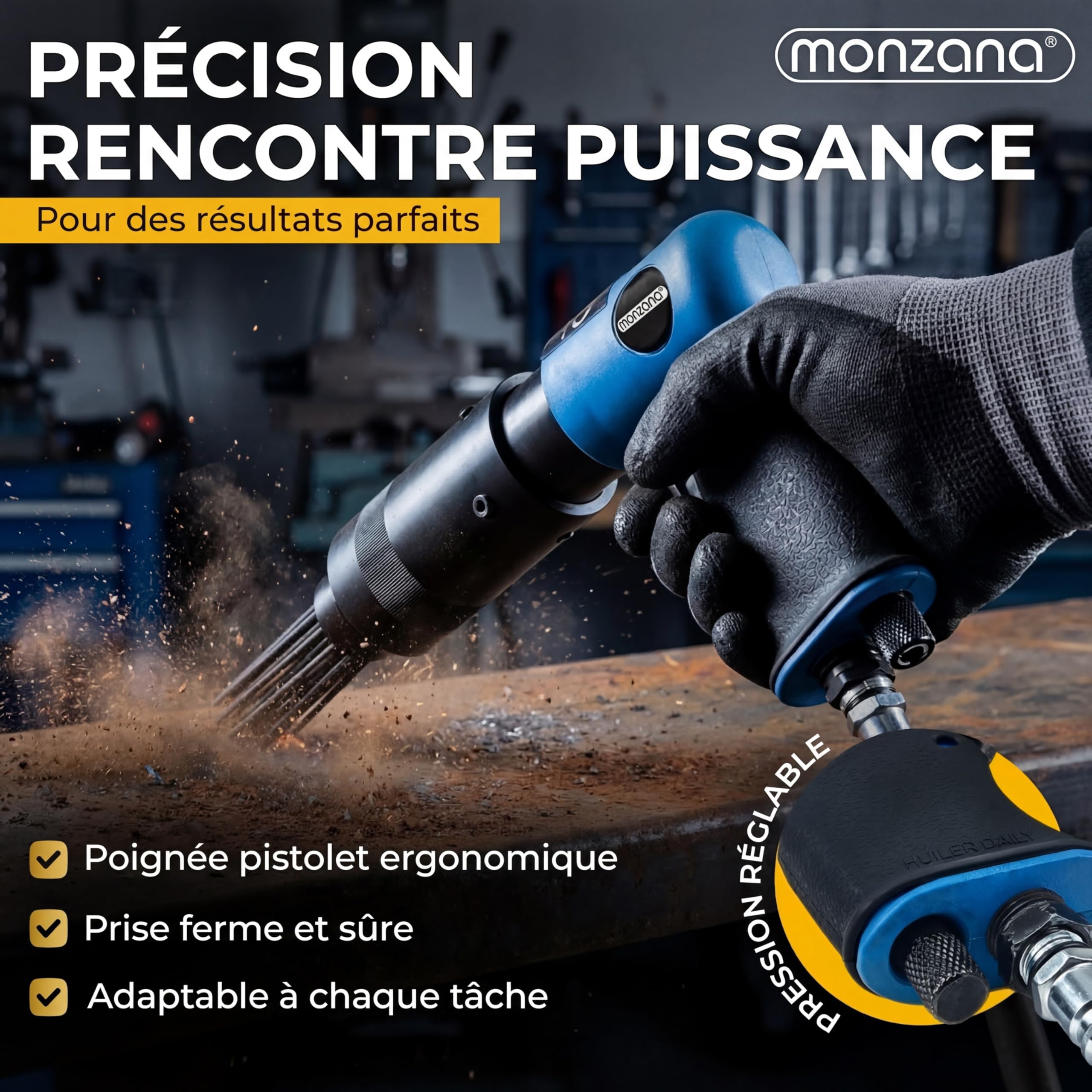 MONZANA® Dérouilleur à aiguilles pneumatique 4.000 tr/min air 260 L/min décapeur burineur marteau air comprimé rouille peinture tête de rechange