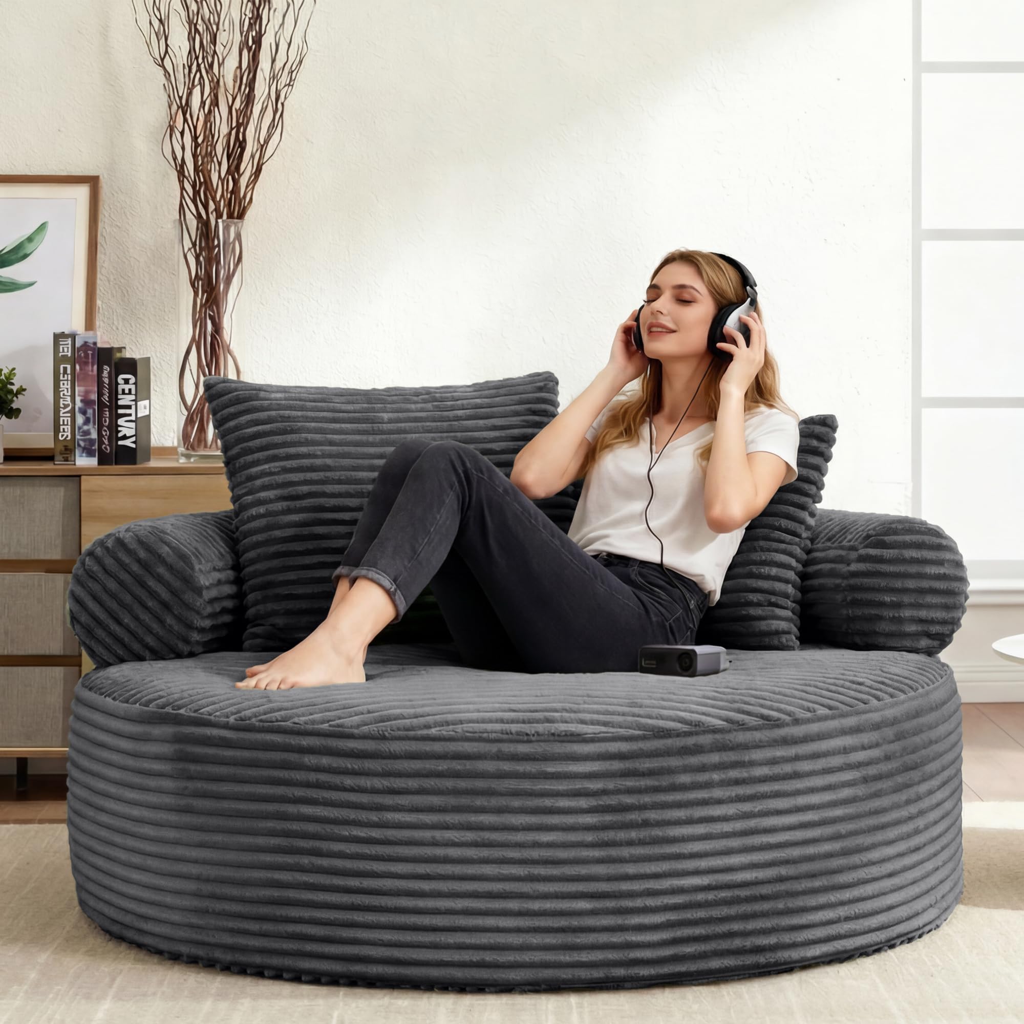 Oversized Round Chair Lounge Chaise Indoor, 55.5" Upholstered Corduroy Deep Seat Single Cloud Sofa Chair, Fluffy Modern Large Circle Boneless Sleeper Sofa for Living Room, Bedroom, Dark Grey