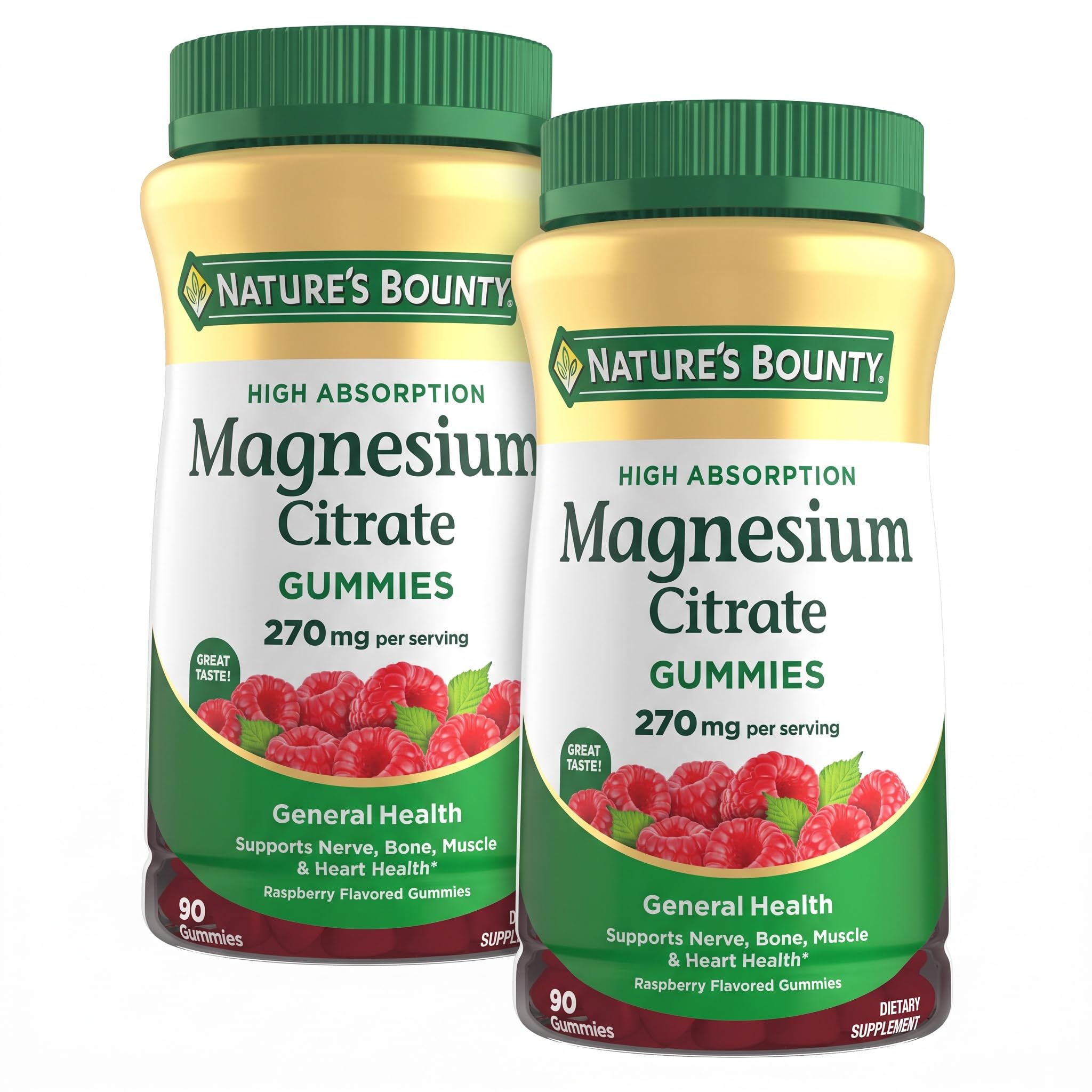 Nature's Bounty Magnesium Citrate Gummies for Adults,Supports General Health,Bone,Nerve,Muscle & Heart Health Support,270mg per Serving,Vegan,Non-GMO - Raspberr