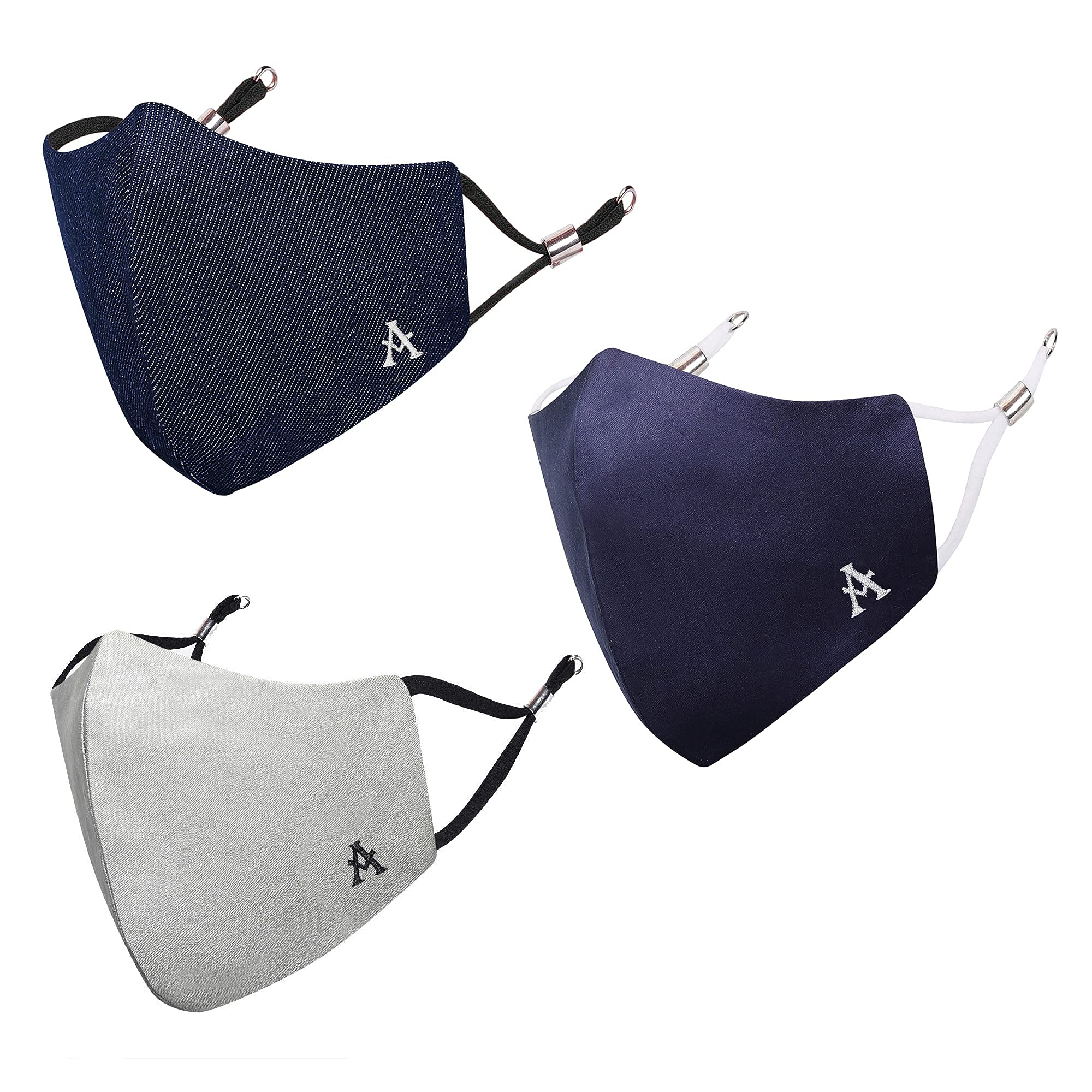 MASQ By Q-One Alphabet 4 Layer, Reusable, with Ear Adjusters, Anti-Bacterial (BFE>99%), Cotton Cloth Face Mask Combo for Unisex, Men, Women with Ear Adjusters(Large, Navy-Grey-Denim)-picture-0