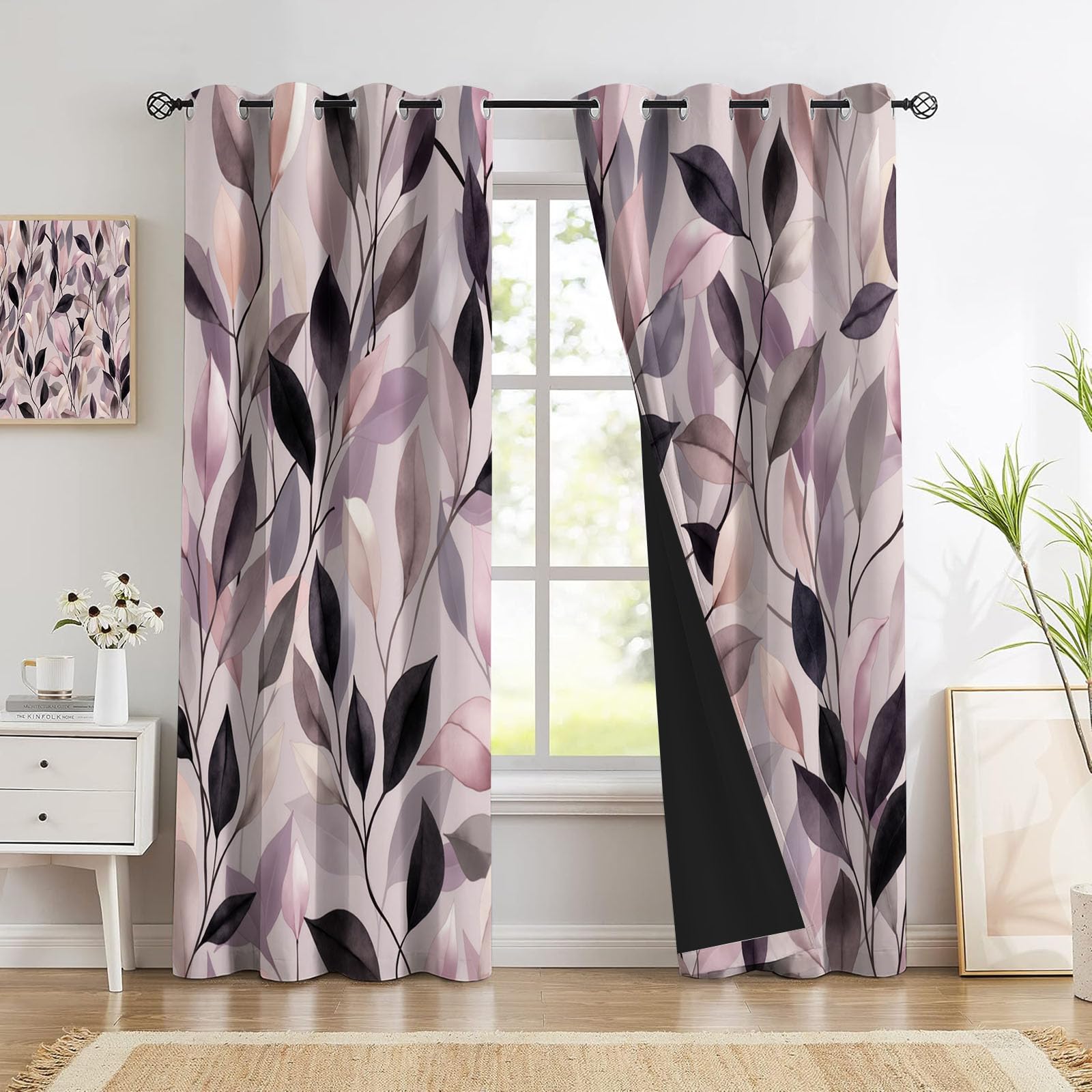 Rideau Occultant Feuilles Et Branches Aquarelles, Rideaux Plantes Modernes Poudre De Blush, Rideau Thermique Anti Froid pour Salon Chambre Decoration, Lot De 2 Draperies Intérieur 117X137 Cm (Lxh)