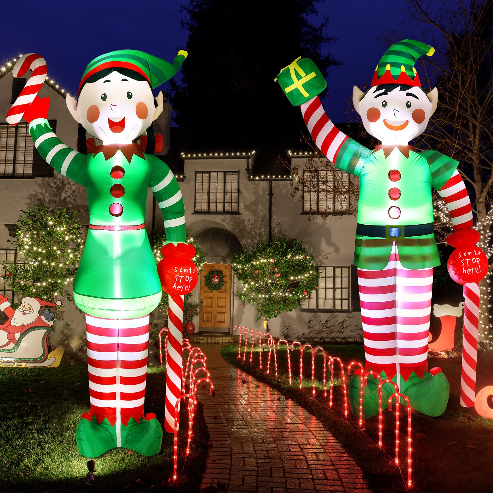 Bencailor 2 pezzi 2,4 m gonfiabili natalizi elfo decorazione esterna Natale soffiare cortile decorazione gonfiabili elfo decorazione esterna holding bastoncino di zucchero costruito in luci LED per