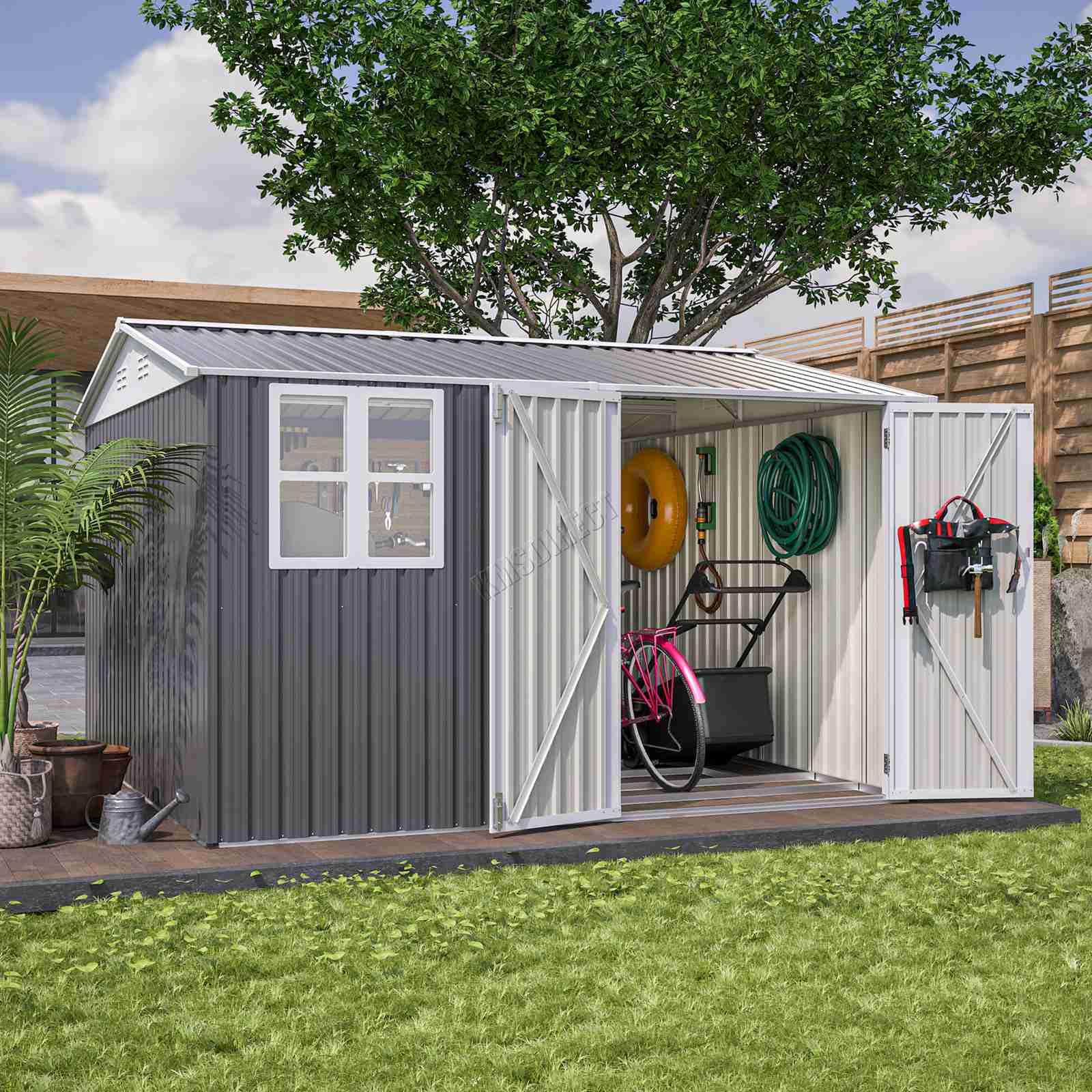 BIRCHTREE Garden Shed Steel Apex Roof House Outdoor Backyard Storage With Lockable Double Doors Window Free Foundation Tool Equipment Organizer Air Vents 10x10FT Grey