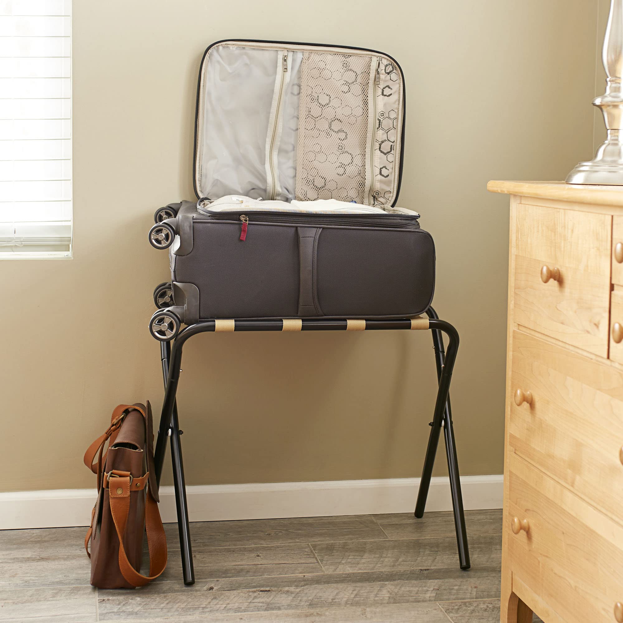 Household Essentials Luggage Rack, Black Frame with Khaki Straps