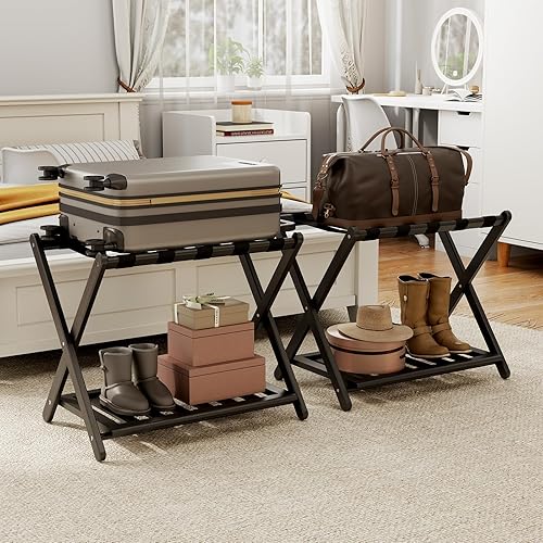 Miniatura 1 de Paquete de 2 portaequipajes negros totalmente montados, soporte plegable de bambú para maleta de 26.77 pulgadas para habitación de invitados con 5