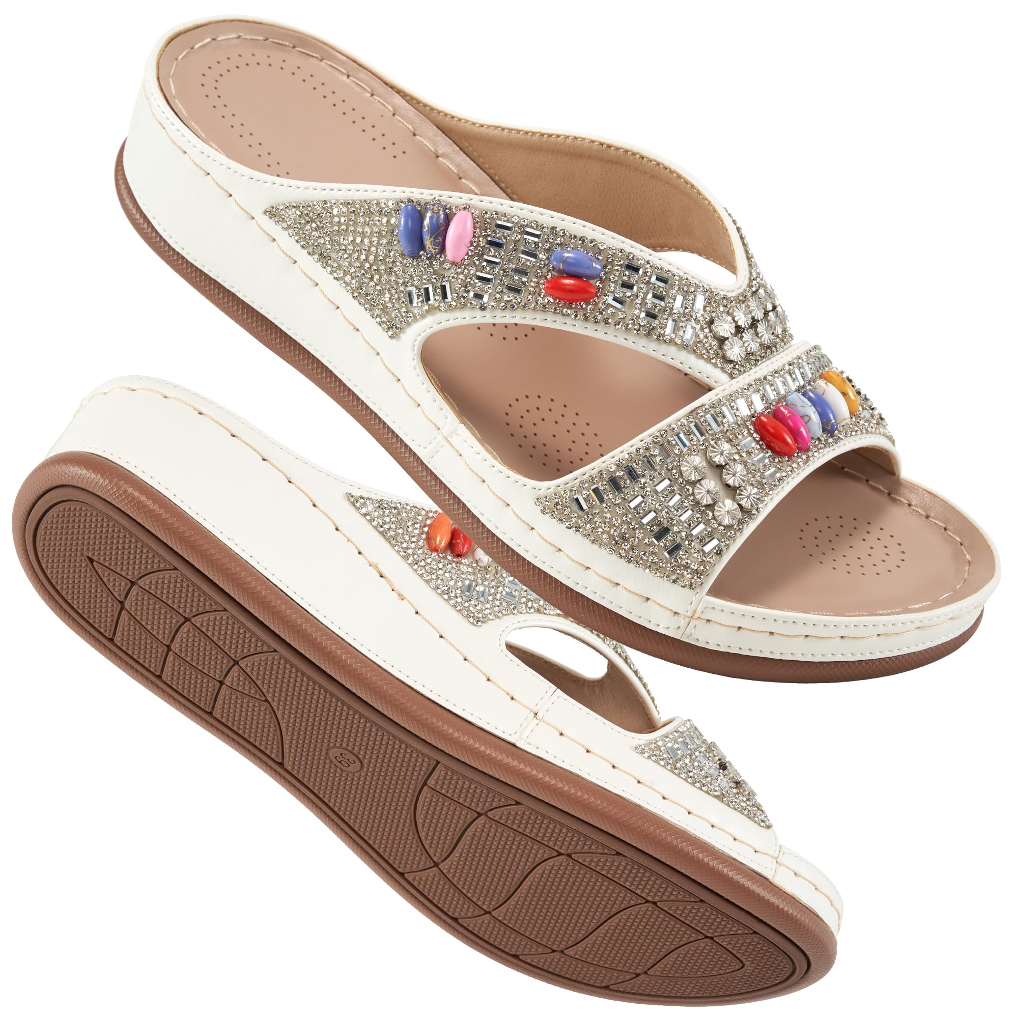 Ecetana Womens Sandals Wedge Slides Dressy Summer Rhinestone Beaded Bohemian Platform Comfortable Casual Shoes