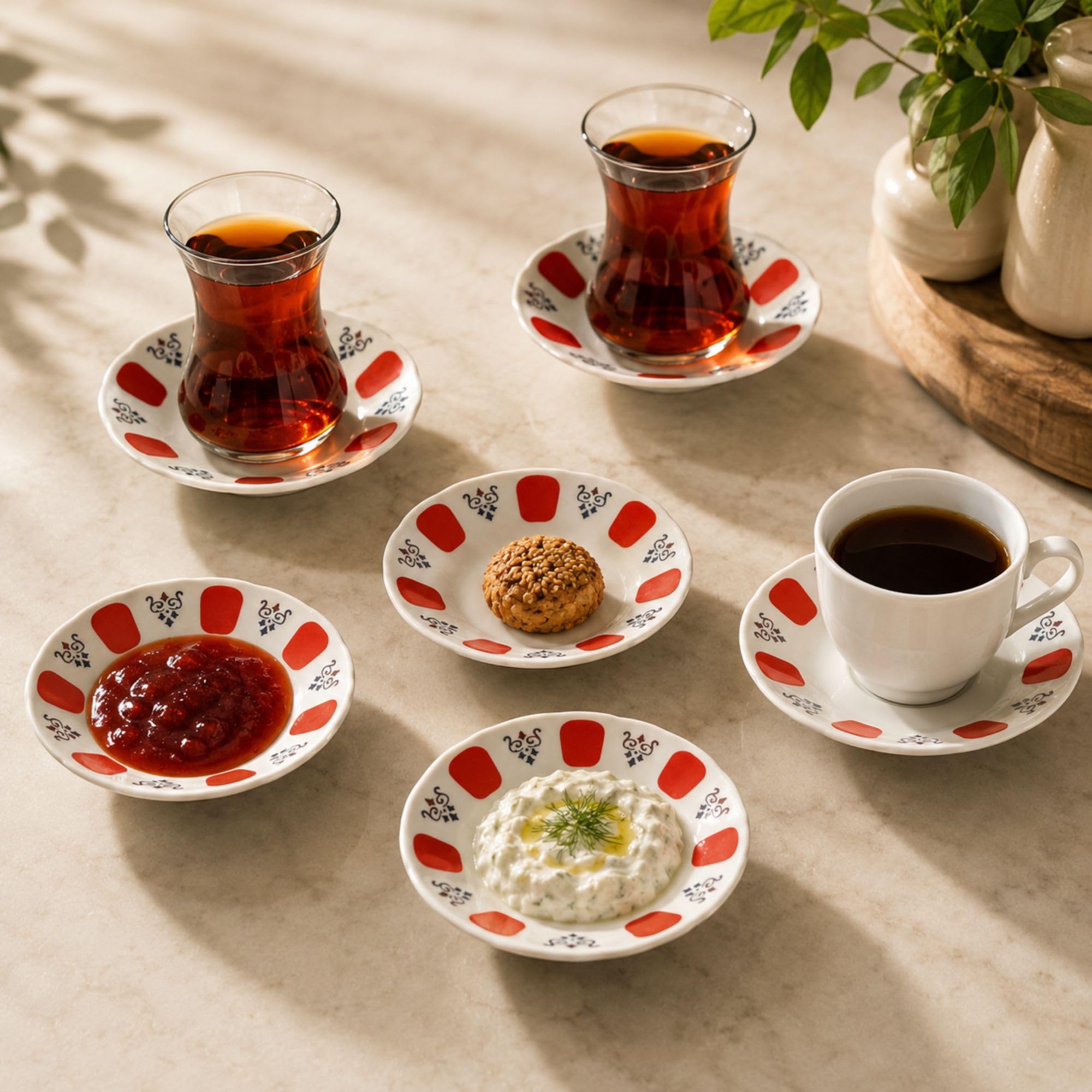6er Set Unterteller für Teegläser, Türkische Teeteller aus Porzellan, 11 cm, Teeglas Untersetzer, Dip- und Soßenschälchen, Snackteller, spülmaschinengeeignet, Acem-Dekor