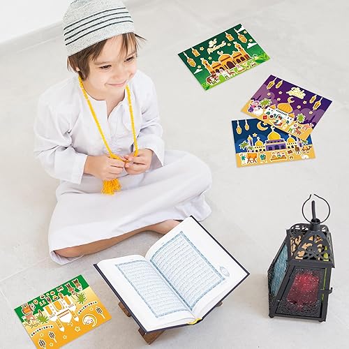 Miniatura 7 de COcnny Kit de manualidades de Eid Mubarak de 48 piezas, calcomanías de escena de mezquita para niños, haz tu propia calcomanía de escena de Ramadán