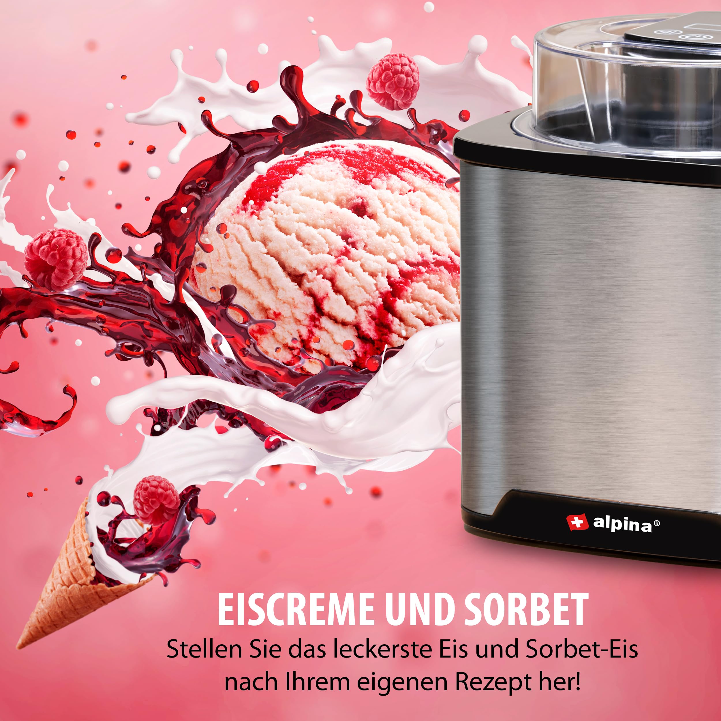 alpina Eismaschine - Softeismaschine für Zuhause - Eiscreme Maschine Geeignet für Eiscreme, Gelato, Gefrorener Joghurt und Sorbet - Inhalt 2L - Automatische Selbstabschaltung - Edelstahl - Silber