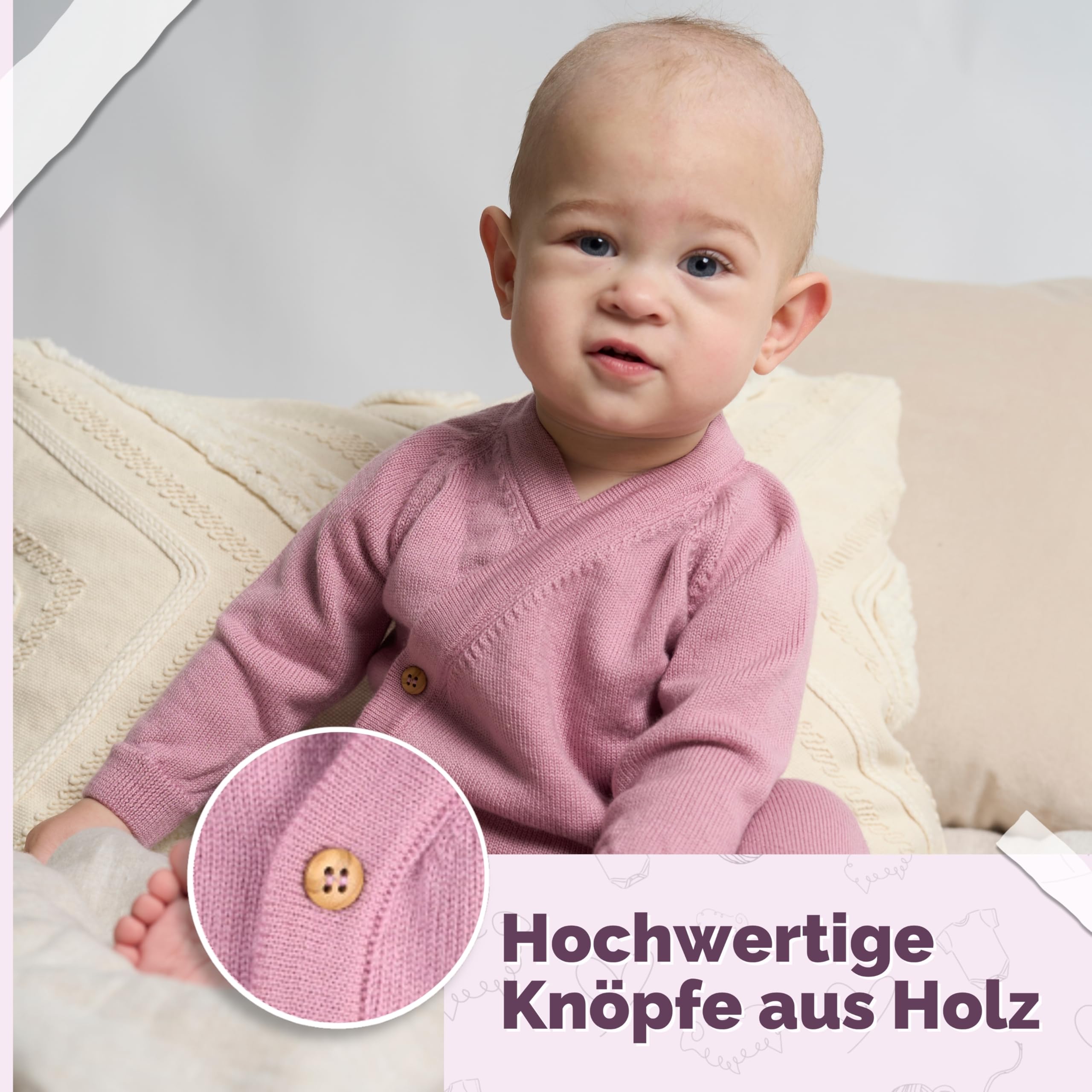 Livella | Bundhose & Wickeljacke aus 100 % Merinowolle – Baby Set in Creme oder Rosa (Gr. 50–62 oder 62-74) – Mitwachsend, OEKO-TEX zertifiziert, hautfreundlich & maschinenwaschbar