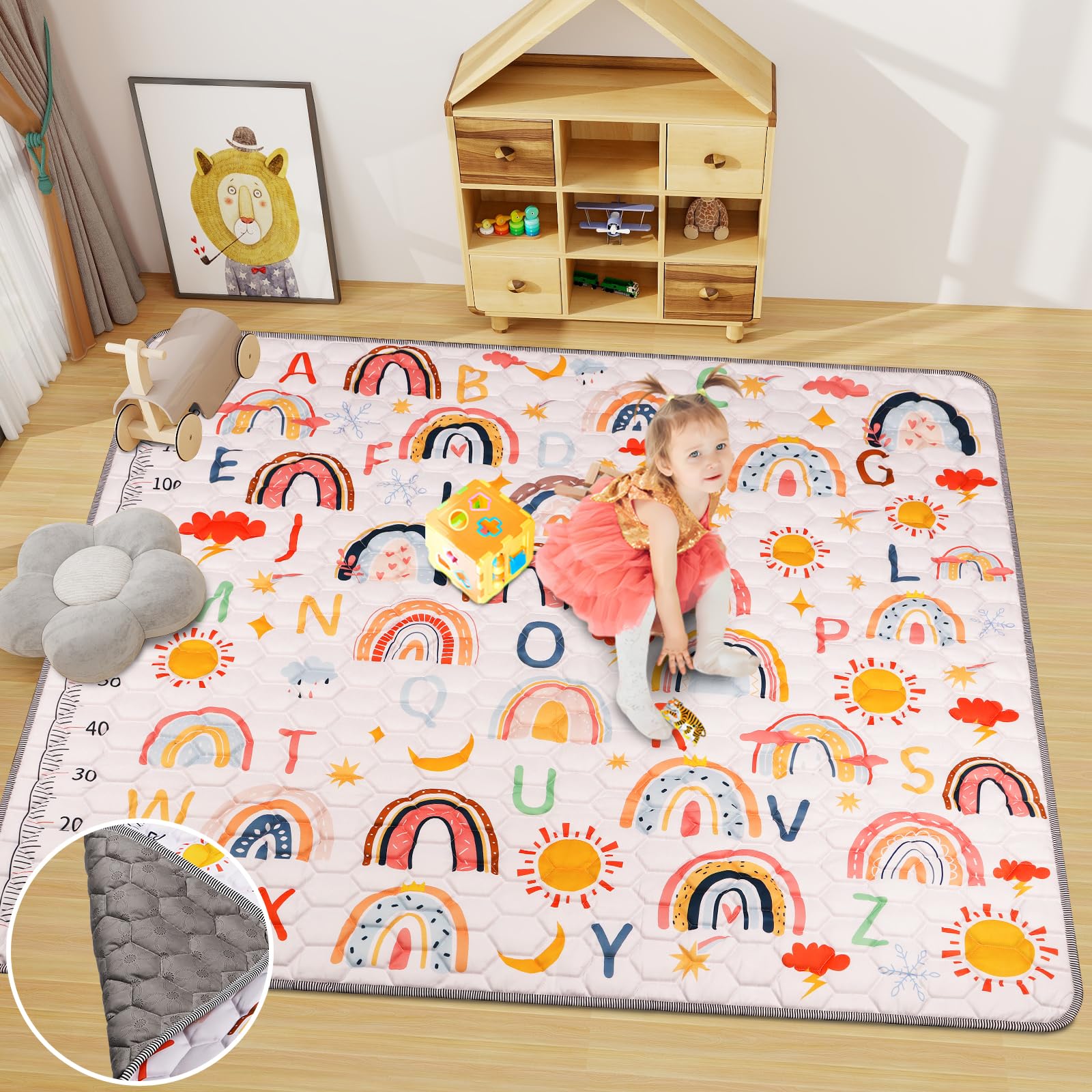 Baby Play Mats for Floor, 59"x71" Boho Rainbow Play Mat for Playpen Playyards Thicken Soft Polyester Padding Playmats for Babies Toddlers Infants Baby Crawling Mat Kid Play Mat Tummy Time