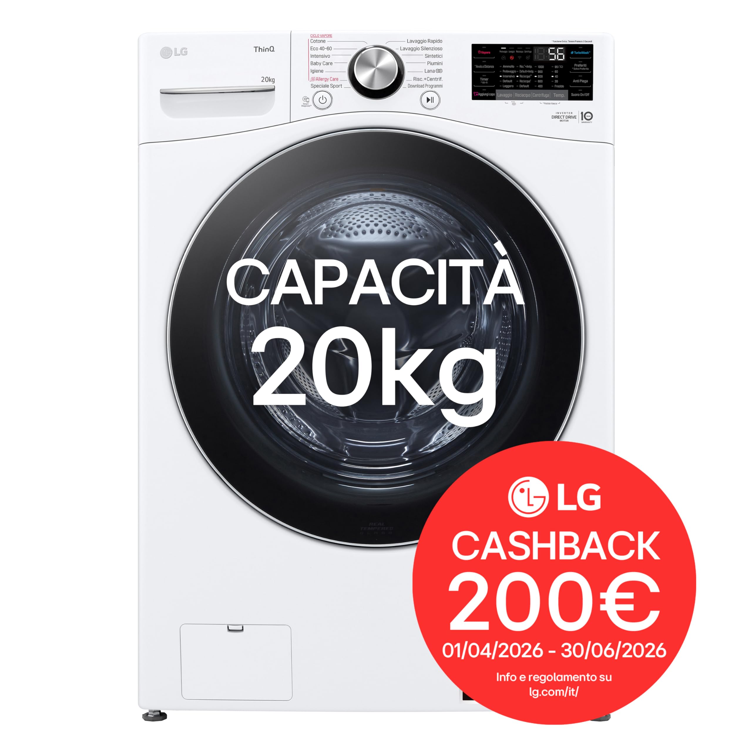 LG AI DD F0P3020TSWC Lavatrice 20kg, a Carica Frontale, Capacità XL Serie P3, Classe B, 1000 Giri, TurboWash 360, Vapore, Wi-Fi, Motore Inverter Direct Drive, Libera installazione, Bianco
