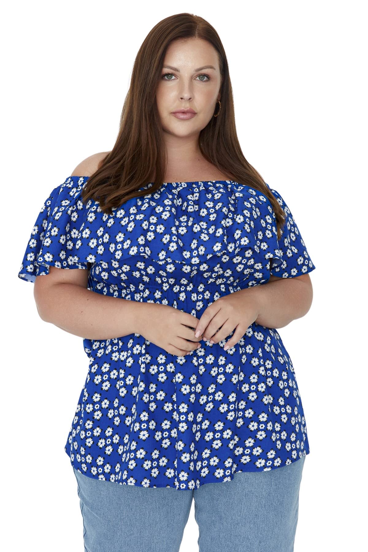Trendyol Woman Regular Off-Shoulder Carmen Collar Woven Plus Size Blouse Camisa para Mujer