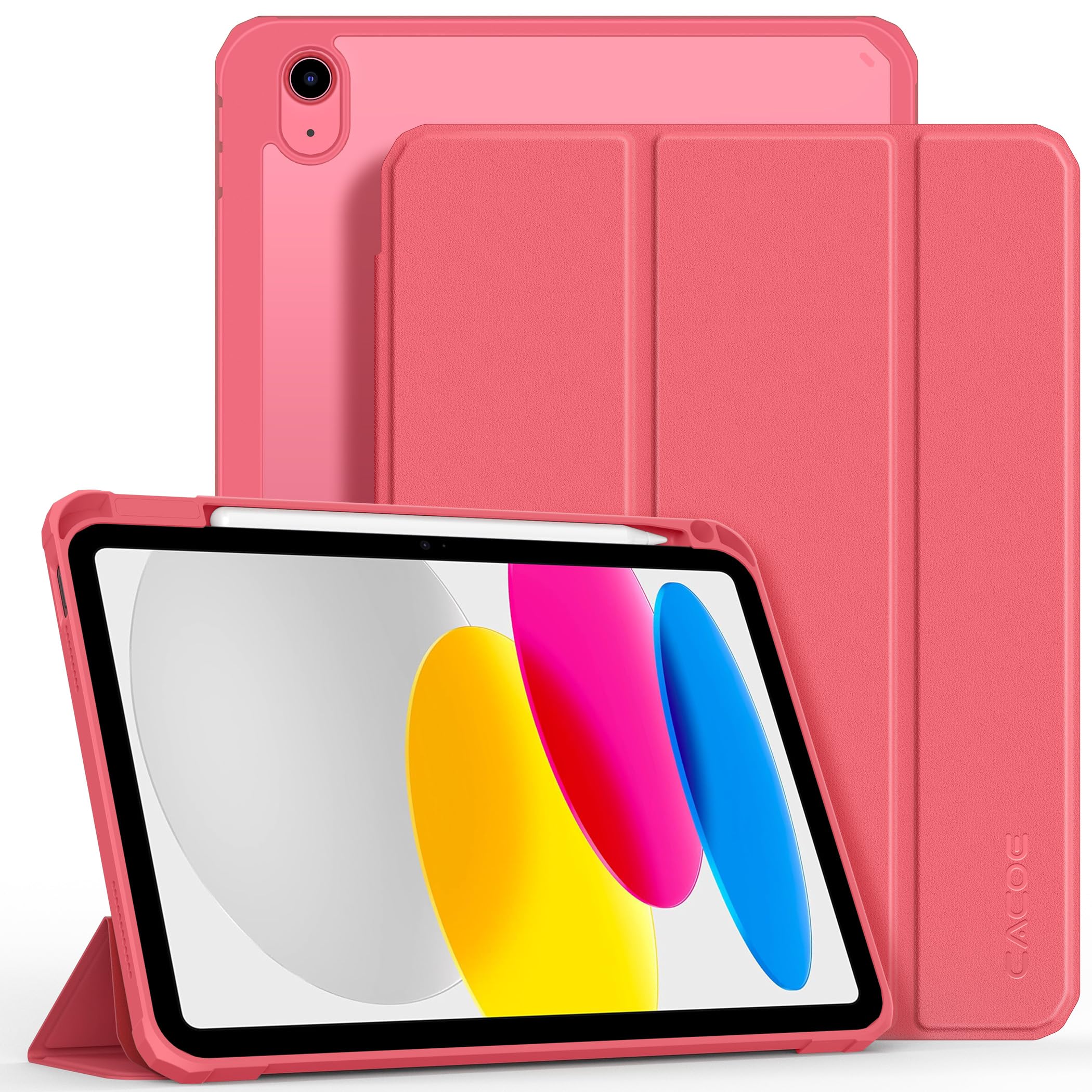 CACOE Custodia Cover Compatibile con iPad 10 generazione 2022, Ultra Sottile Retro Trasparente Cover con Portapenne, Rosso anguria