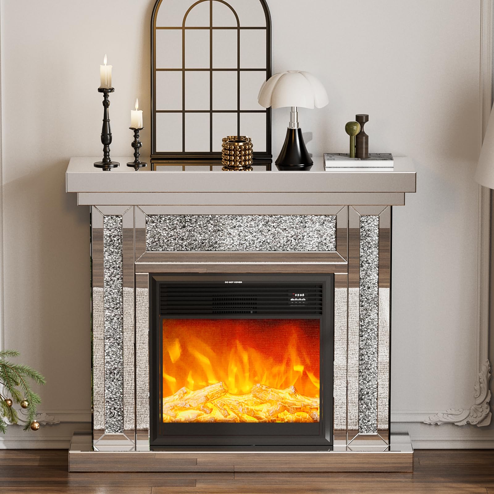 ARICOEASY Mirrored Electric Fireplace Mantel with Crushed Diamond, Silver Fireplace TV Stand with Remote Control, Mirrored Large Electric Fireplace