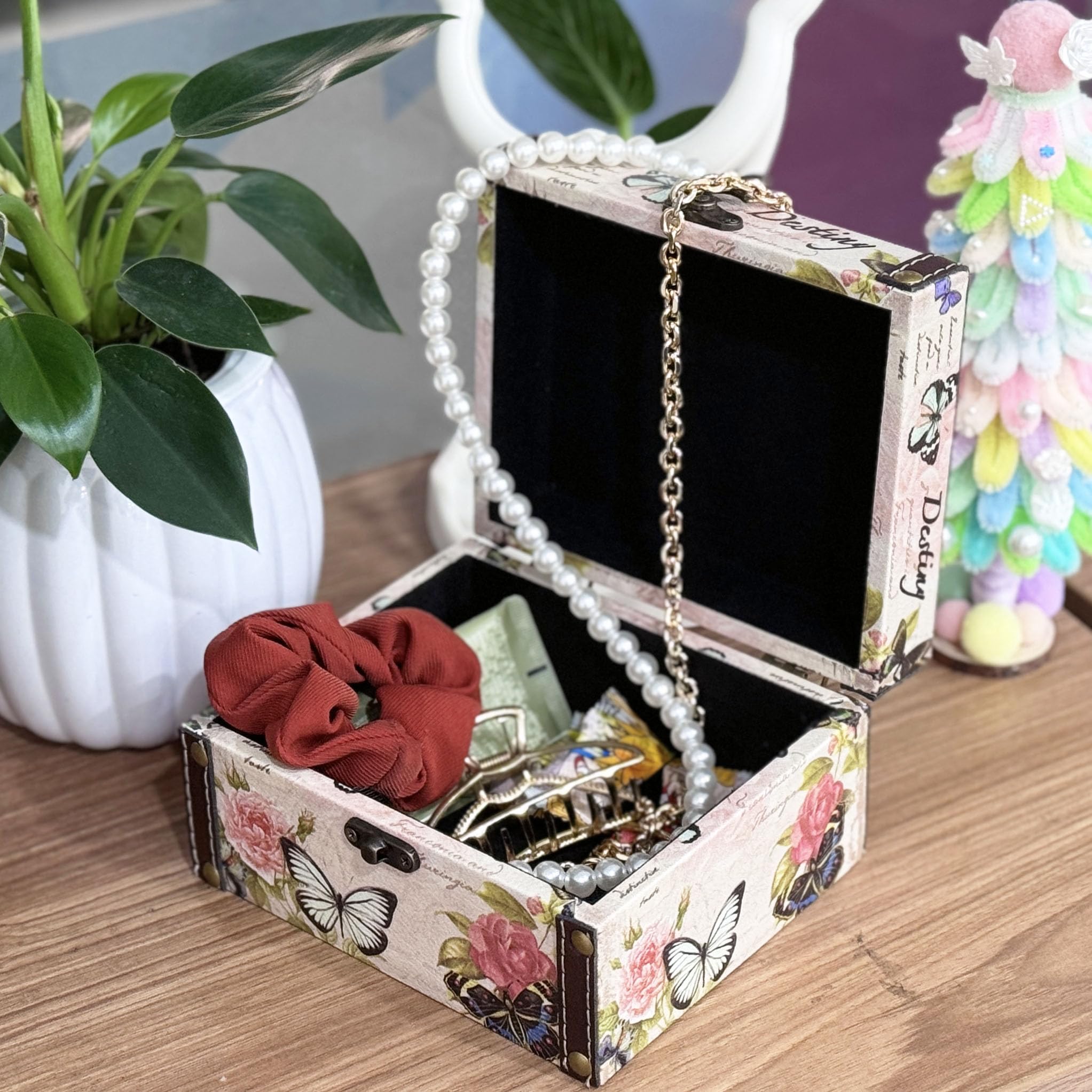 Joyero de mariposa rosa caja decorativa de almacenamiento para joyas, baratijas, fotos, caja de madera del tesoro para mujeres y niñas, regalos caja de recuerdo decorativa para decoración del 5