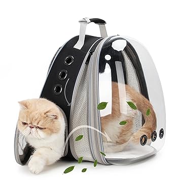 Lollimeow Pet Carrier Backpack, Bubble Backpack Carrier, Cats and Puppies,Airline-Approved, Designed for Travel, Hiking, Walking & Outdoor Use (Black-Front Expandable)