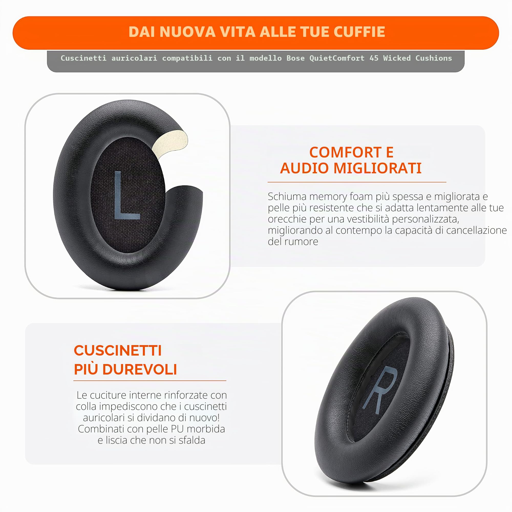 WC PadZ QC45 - Cuscinetti auricolari per Bose QuietComfort 45 / QuietComfort Se/QuietComfort Wireless, realizzati da Wicked Cushions | Cuscino extra spesso | Black