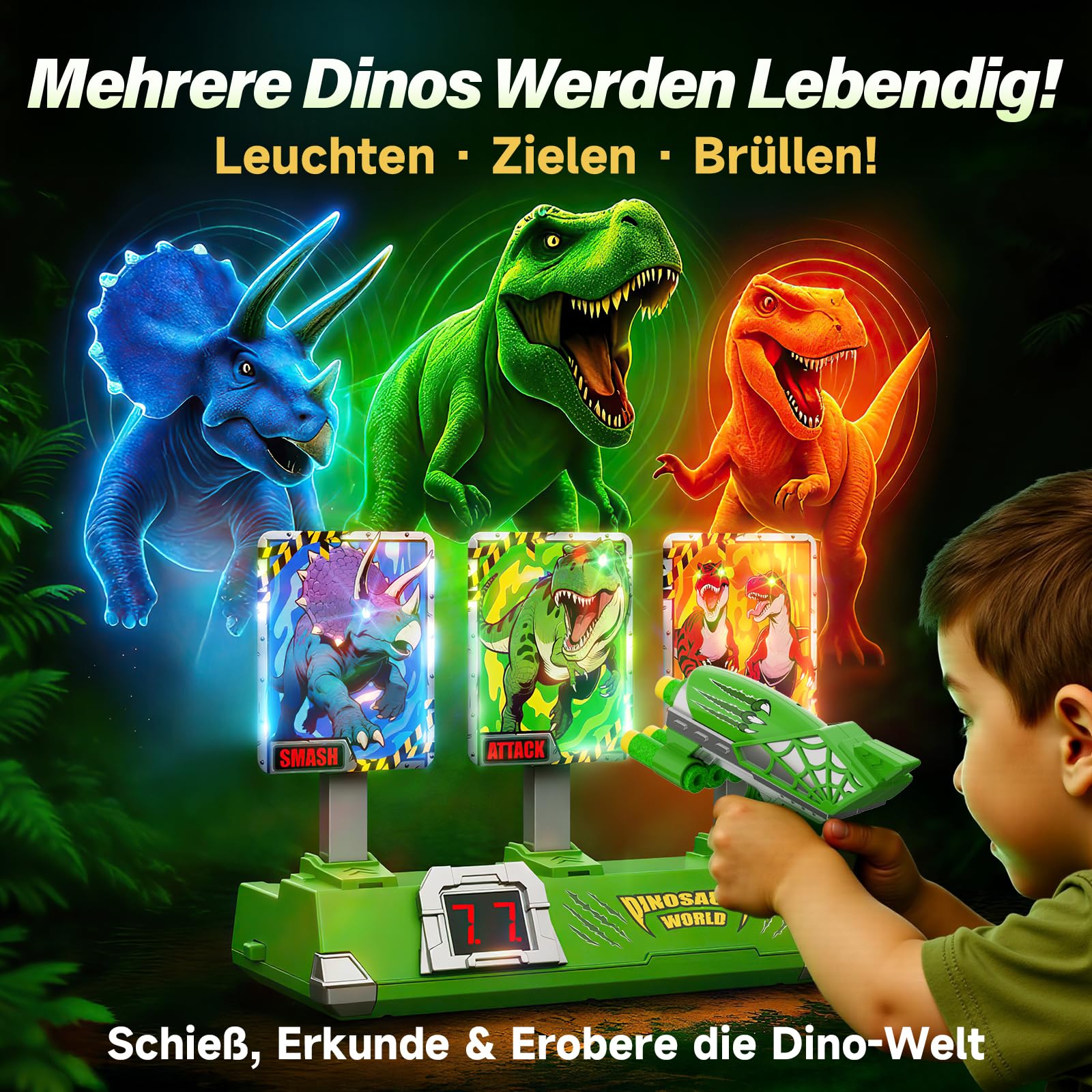 Dinosaurier Spielzeug ab 3-12 Jahre Jungen, Leuchtend Elektrisch Digitale Zielscheibe mit Pistole, Geschenk Junge 4 5 6 9 7 8 9 Jahre Dino Kinderspielzeug Outdoor Garten Spiele Geburtstag Geschenke