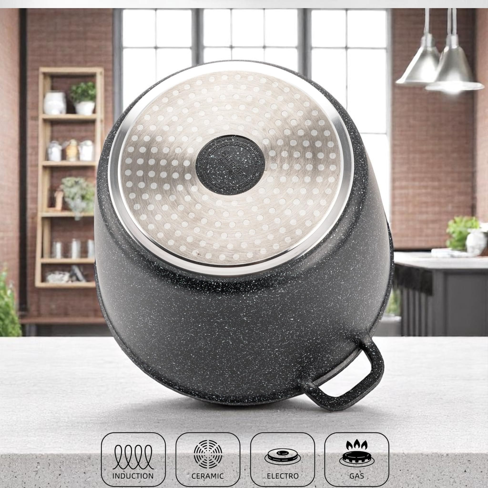 EliteHoff Olla de cocina antiadherente con tapa - Juego de 2 ollas de sopa de aluminio de 24/28 cm (6,5 L + 10,2 L) ollas de mármol grandes para inducción y todo tipo de cocinas (negro)