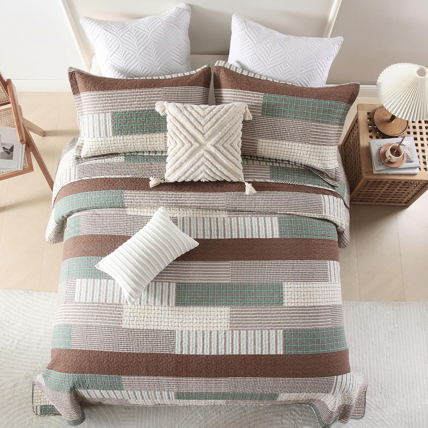 Uniclinens Plaid Quilt King Size, 100% Cotton Patchwork Quilt Bedding Set, Brown Lightweight Farmhouse Bedspread/Coverlet/Comforter Set, 3 Pieces Set with 2 Pillowshams, Brown/Green/Cream - Image 3