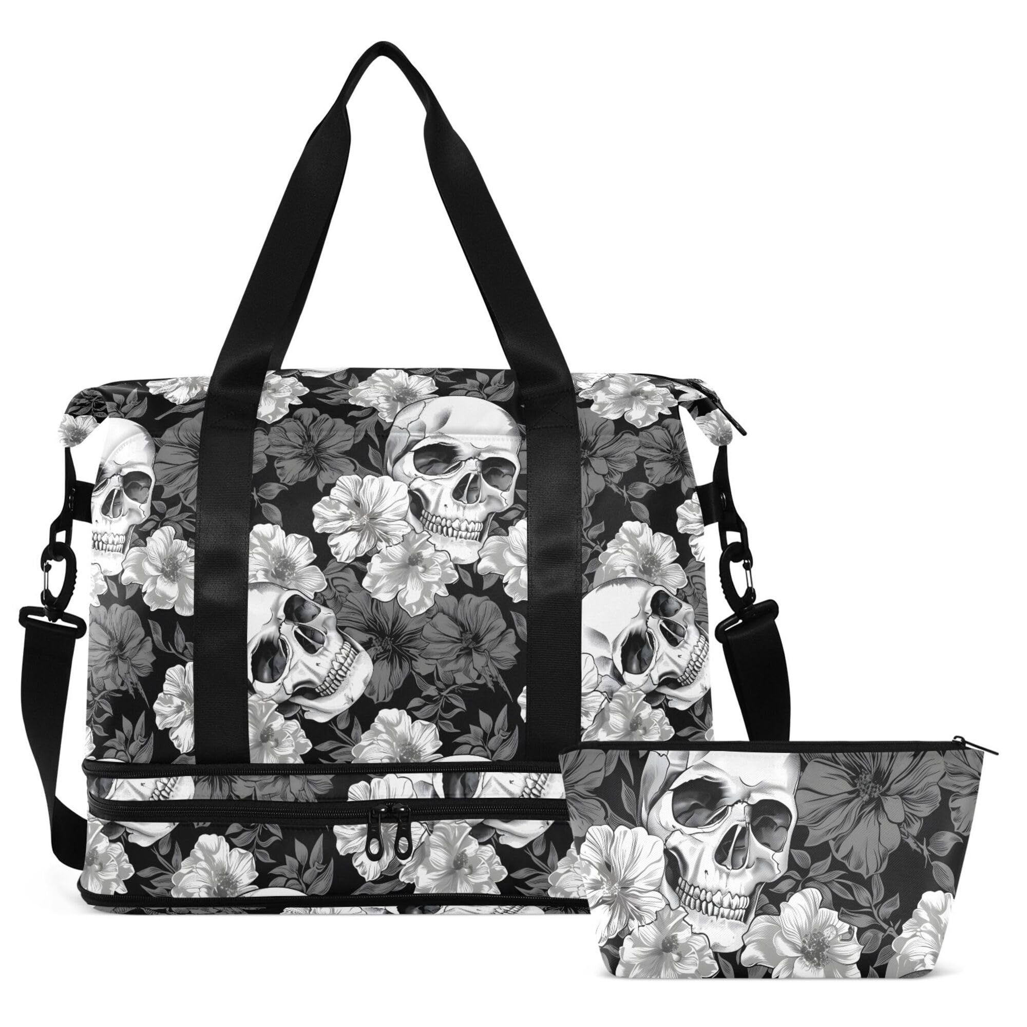 Travel Duffel Tote Bag Skulls and Flowers Sports Duffel Bag with Wet Pocket Weekender Overnight Bag for Women Men Gym Bag, Carry On Bag Hospital Bag