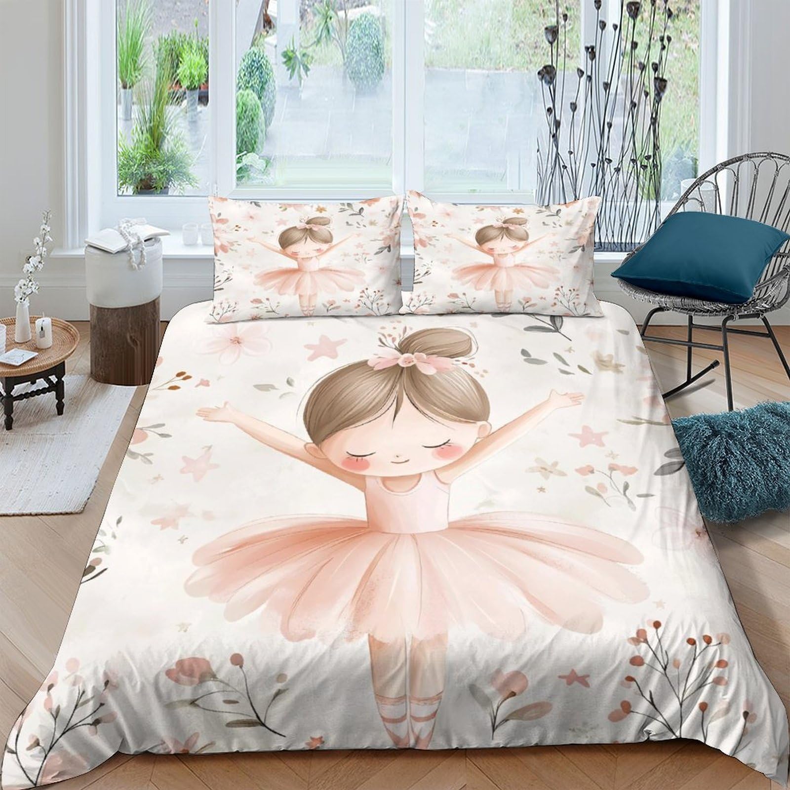 GPLZQXKJNH 3D Printed Ballerina Girl Duvet Cover Microfiber Soft Pink Cartoon Bedding Set with 2 Pillowcases for Bedroom Decor Single（135x200cm）