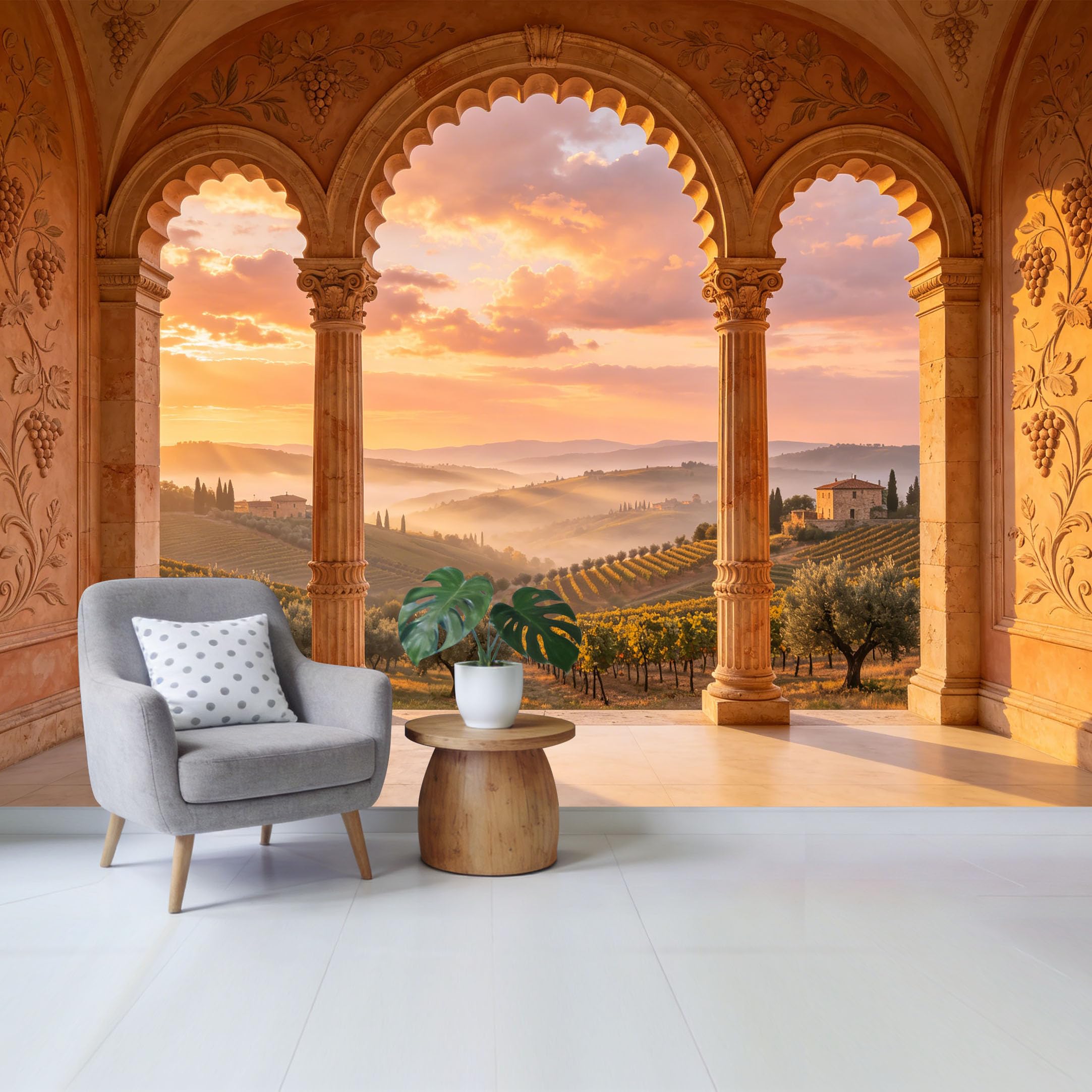 Removable Self Adhesive Fabric Mural， Tuscan Vineyard Sunset Landscape Custom Size Wall Covering， UV Protected Waterproof Washable Wall Decor for Living Room Bedroom Bathroom