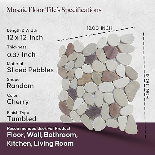 Miniatura 2 de PEBBLETILE.CO Mosaico de guijarros en rodajas de cerezo, azulejos de piedra pulida para paredes de cocina, suelos de ducha y baño, y áreas al aire