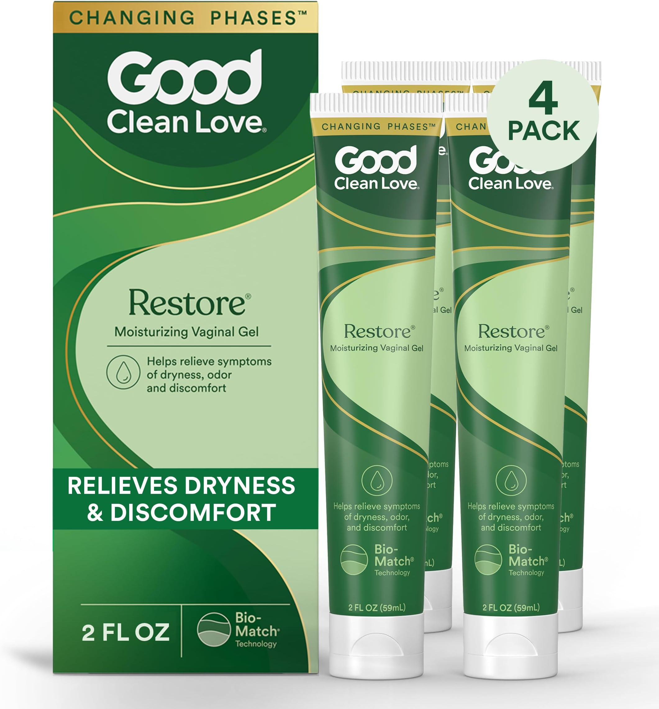 Good Clean Love Restore Moisturizing Vaginal Gel, pH-Balanced Vaginal Moisturizer, Water-Based Feminine Care with Aloe Vera & Lactic Acid, Reduces Dryness, Discomfort & Odor for Women, 2 Oz (4-Pack)