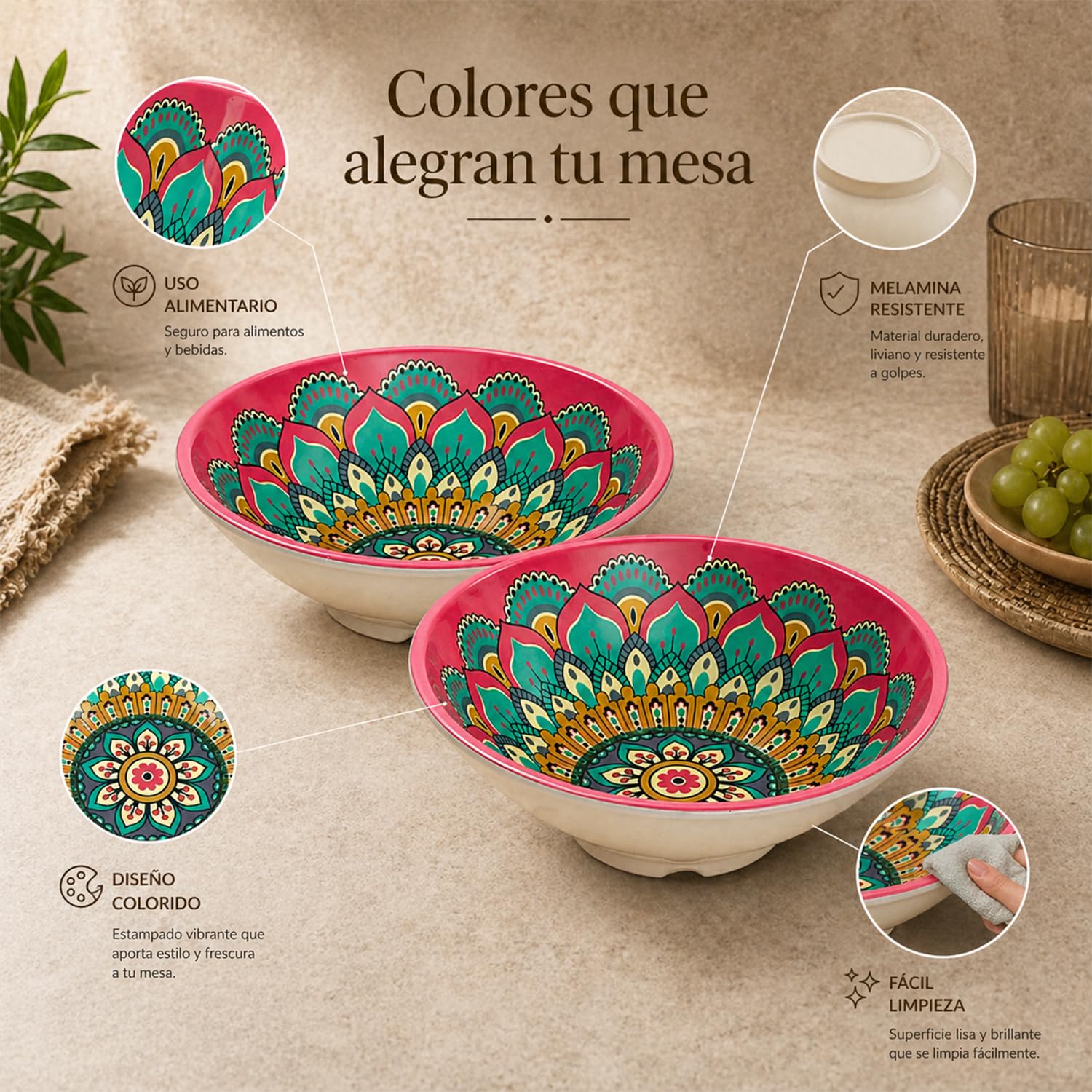 Set 2 Bowls Melamina 21 x 5,4 cm Uso Alimentario, Recipientes para Ensaladas, Snacks y Cereales, Livianos y Resistentes, Ideal Cocina Hogar