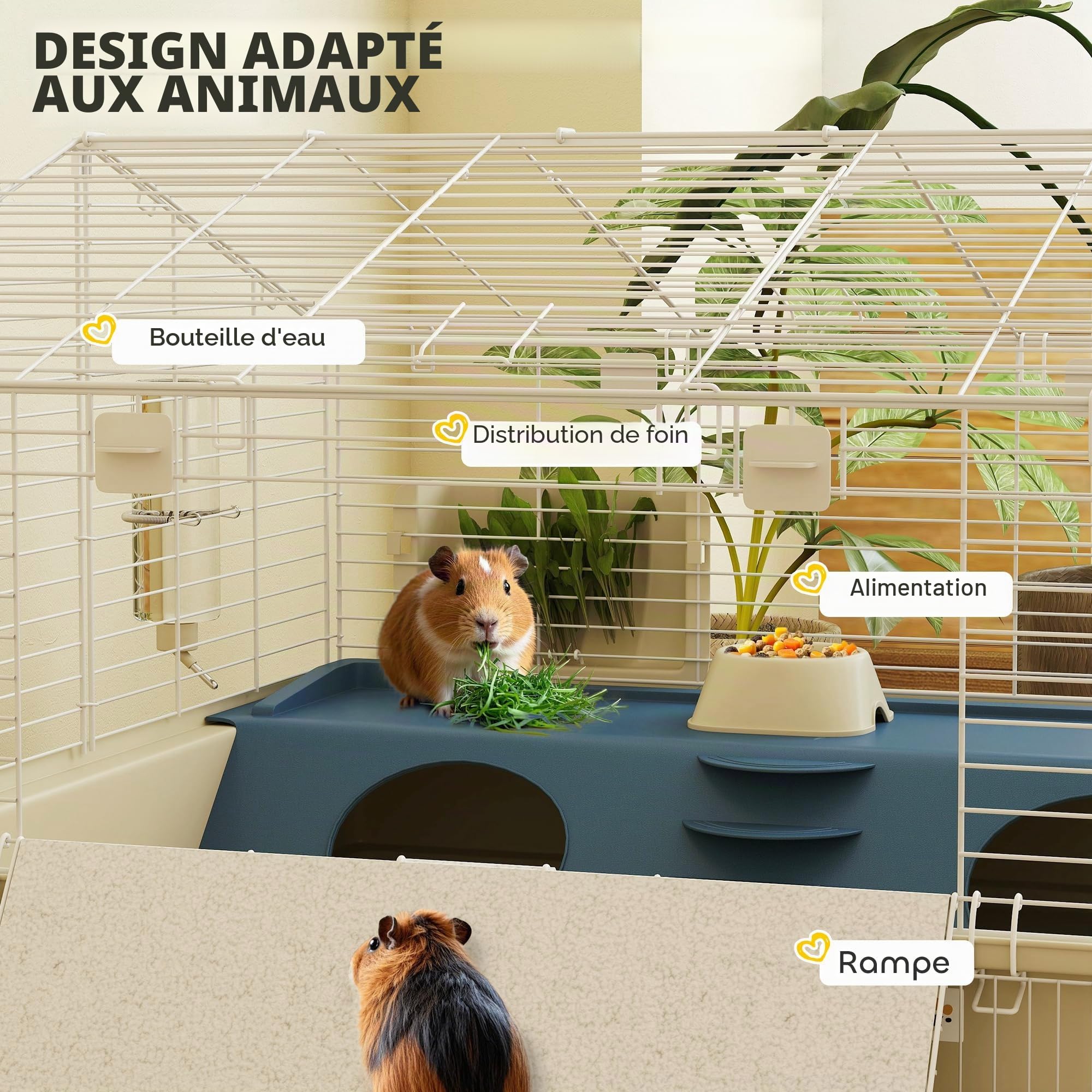 PawHut Cage Petits Animaux avec Parc et Roues, Blanc | Cage petits animaux avec bouteille d'eau, distributeur foin, gamelle, rampe, cage rongeurs, pour cobayes et hérissons