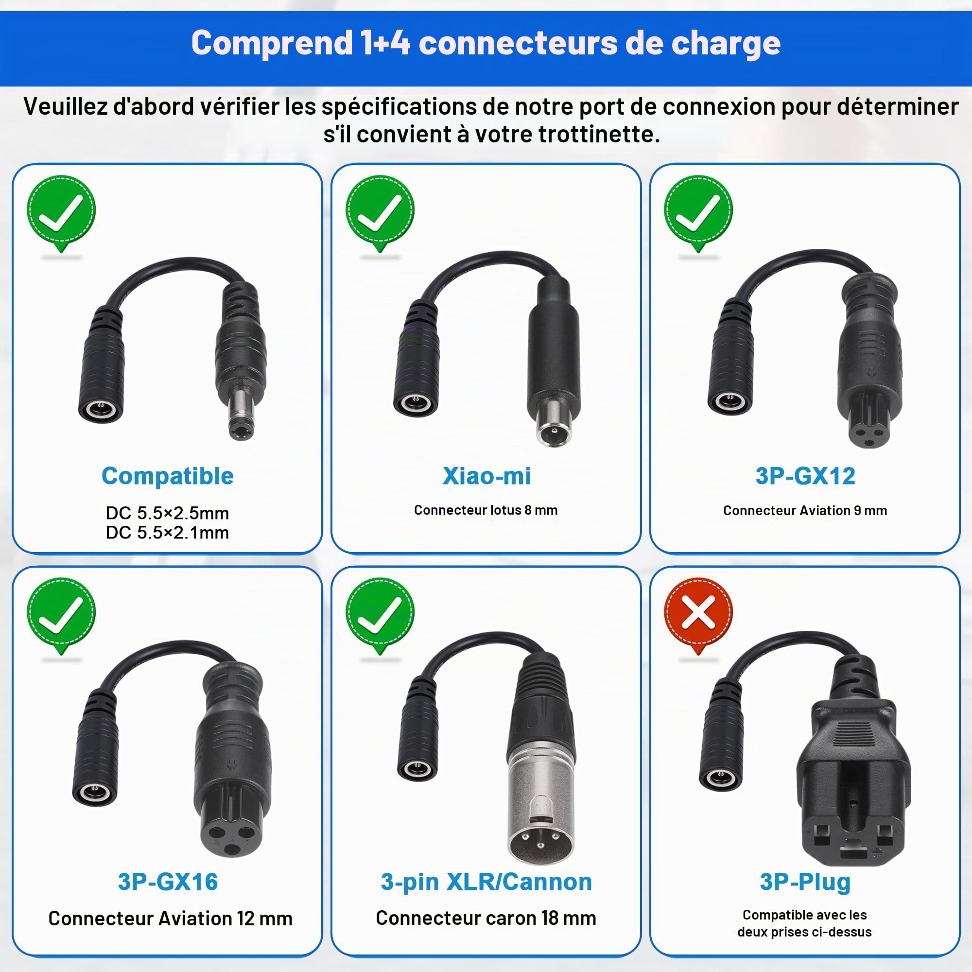 JIZZU Chargeur Trotinette Electrique, 42V 3A, avec 5 Connecteurs | AC Adaptateur Hoverboard, Universel Chargeur de Batterie, pour Scooters Électriques, Scooter de Équilibre, Planche à Dériver