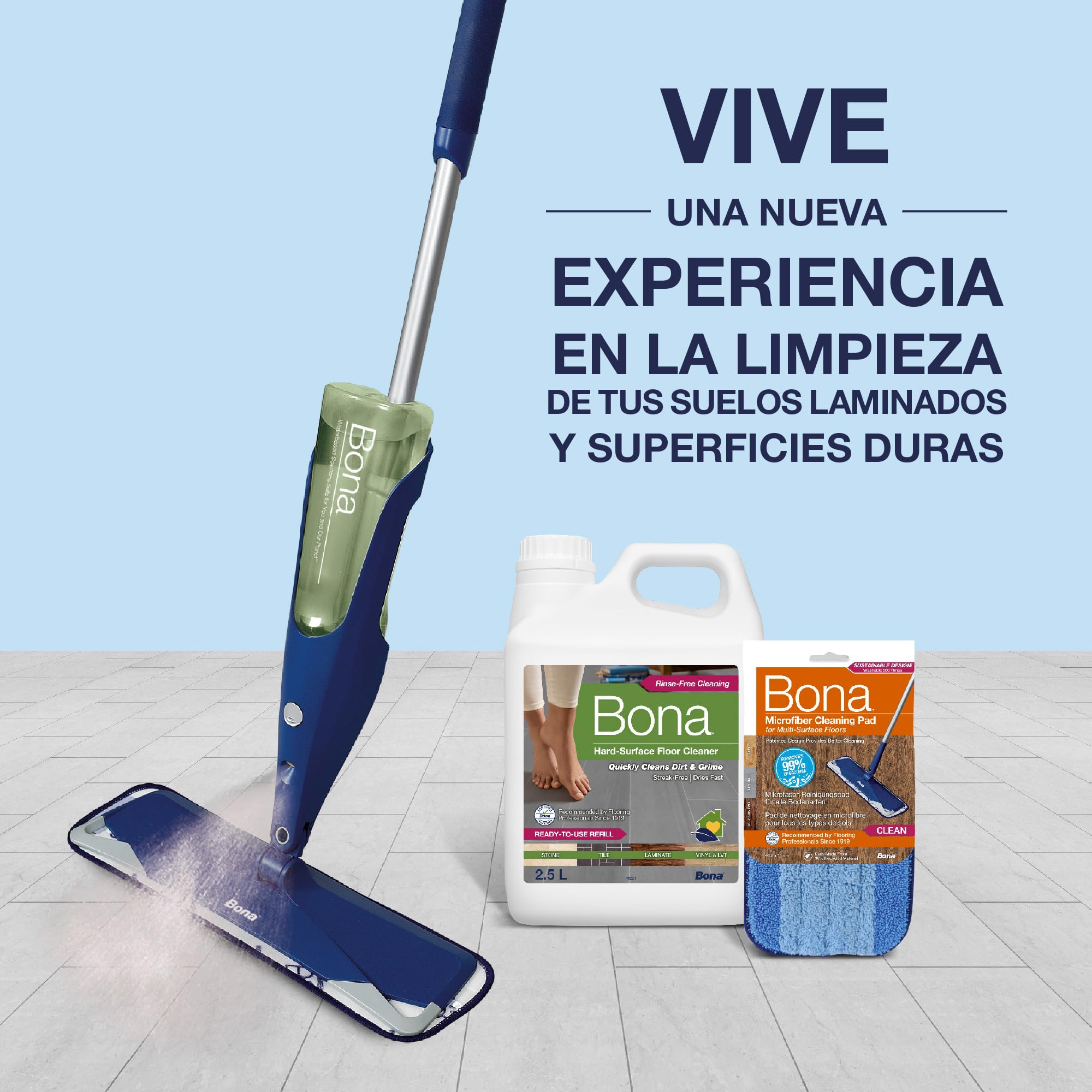 Bona Spray Mop Premium para Suelos Laminados y Superficies Duras, 2x recambio mopa de microfibra lavable
