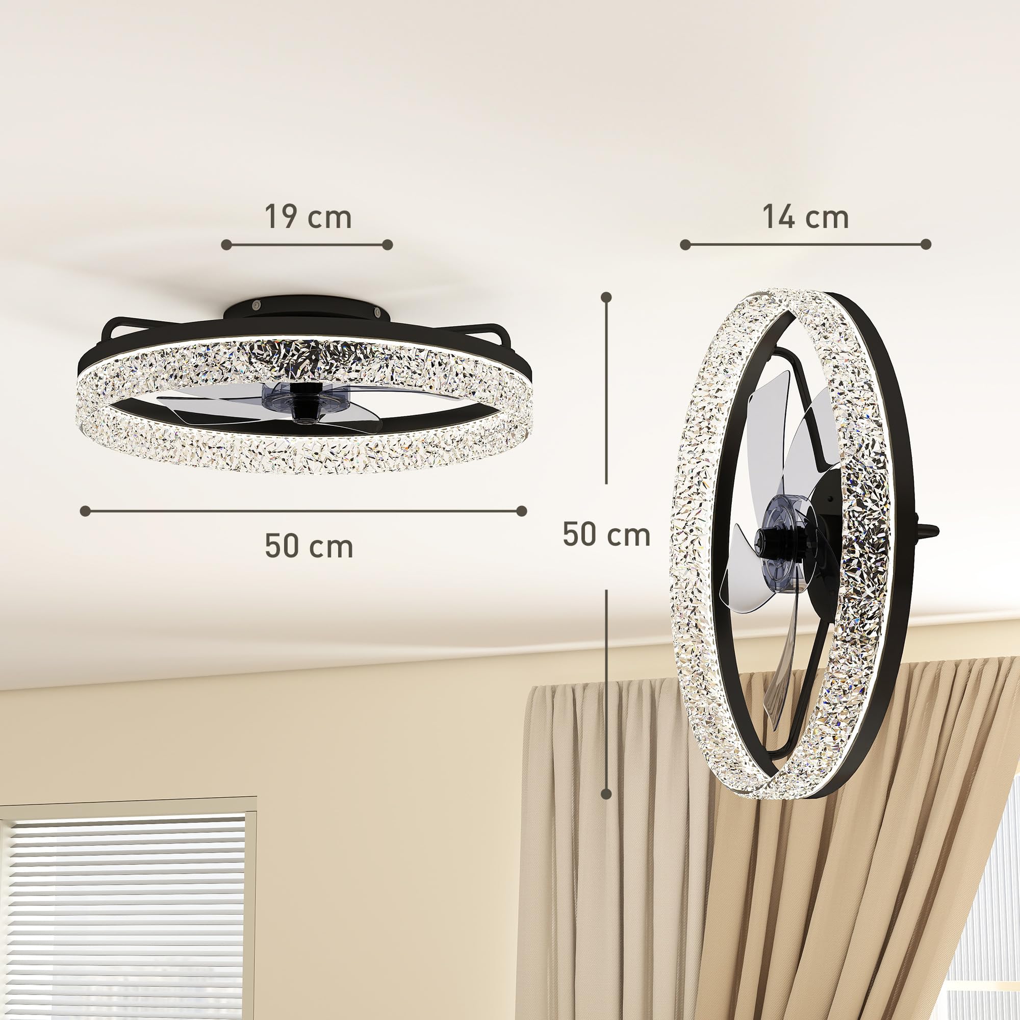HOMCOM Deckenventilator mit Beleuchtung und Fernbedienung, Ø50 cm, 40 W Dimmbare Leise LED Deckenleuchte mit Ventilator, 6 Geschwindigkeiten, umkehrbar DC Motor, Timer, Schwarz