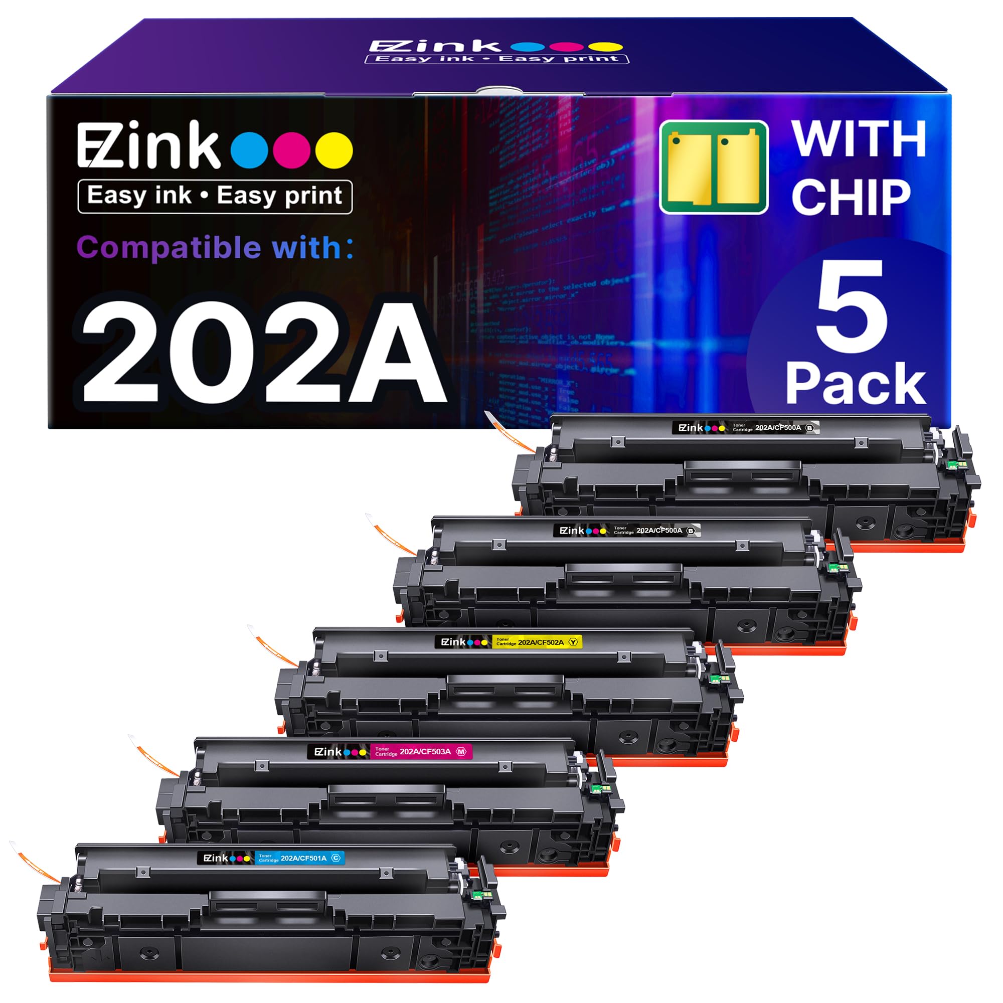 E-Z Ink Compatible Toner Cartridge Replacement for HP 202A 202X CF500X CF500A to use with Color LaserJet Pro MFP M281fdw M281cdw M281fdn M254dw M254 M281 (2 Black Cyan Magenta Yellow, 5 Packs)