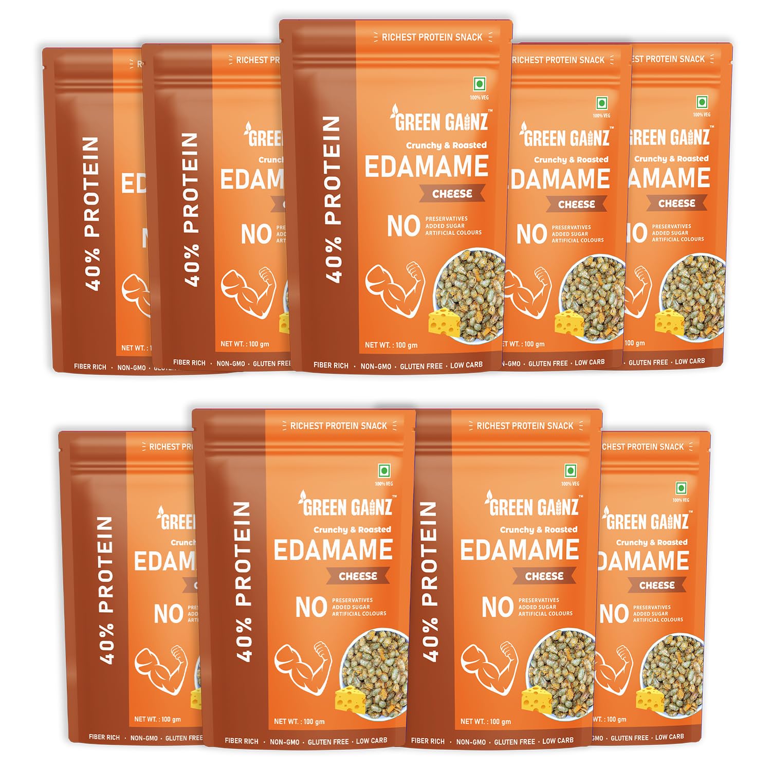 Green Gainz Roasted Edma Beans (Edamame) Cheese Flavour (pack of 9-100gm each) | 100% Veg High Protein Snack | No Added Sugar | Non-GMO | Rich in Fiber | No Gluten