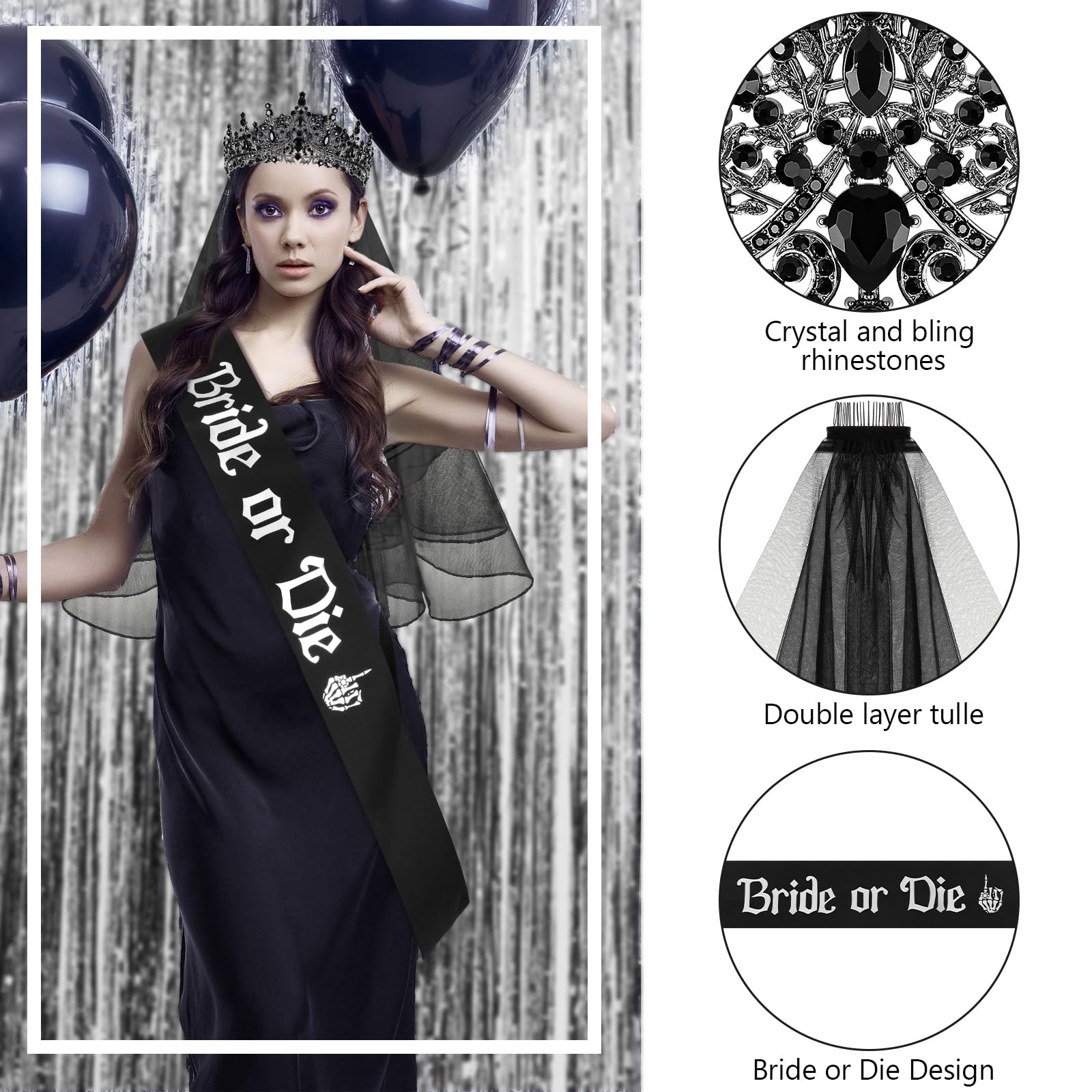 Panitay Juego de 3 piezas de decoración de novia o troquel para despedida de soltera, corona de novia, velo para decoración de boda negra, accesorios góticos para el día de la boda de Halloween,