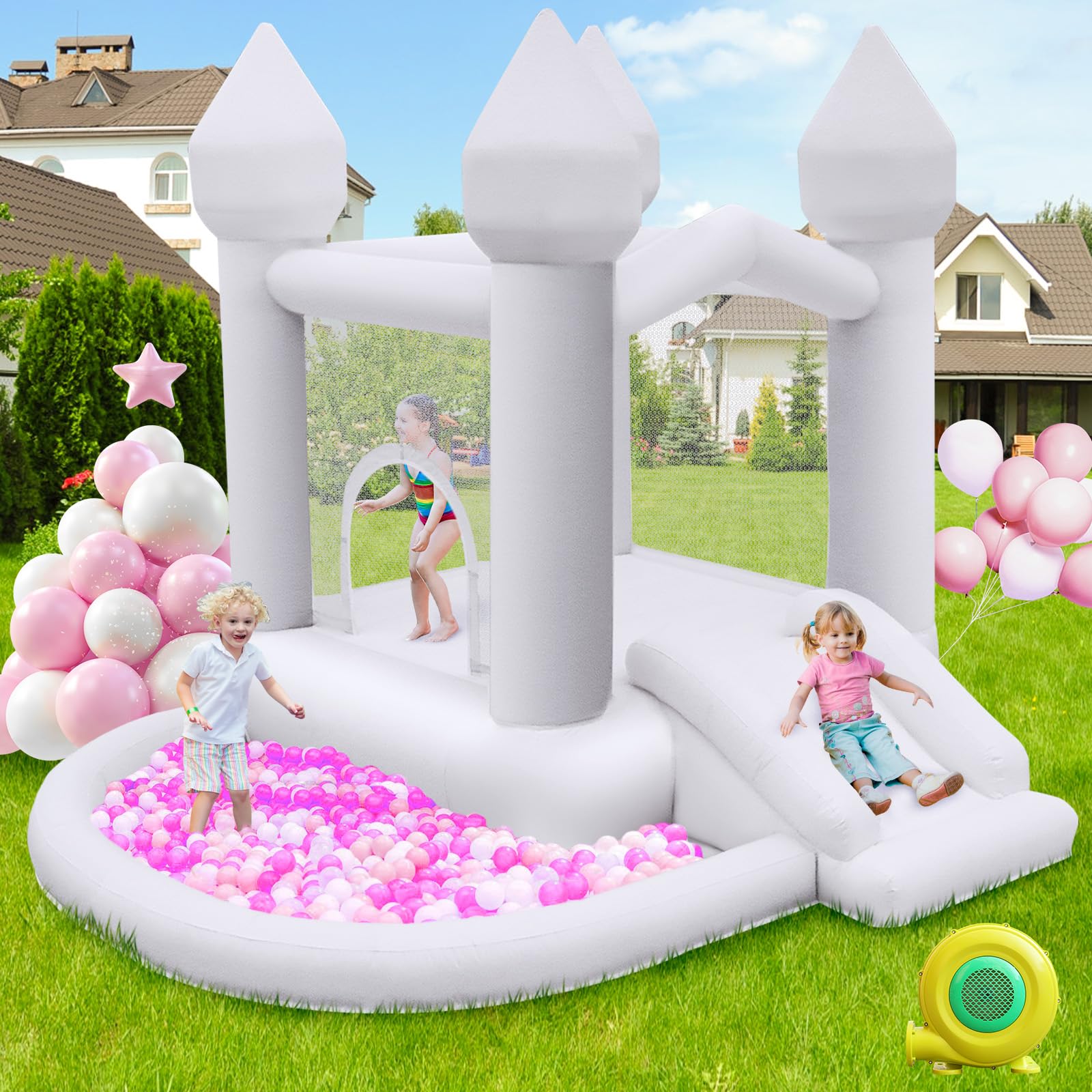 FBSPORT White Bounce House, Inflatable Bouncer with Air Blower,Indoor & Outdoor Bouncy Castle with Big Ball Pit for Wedding Party Kids Birthday Party, Easy to Install Global Recycled Standard Global Recycled Standard Global Recycled Standard