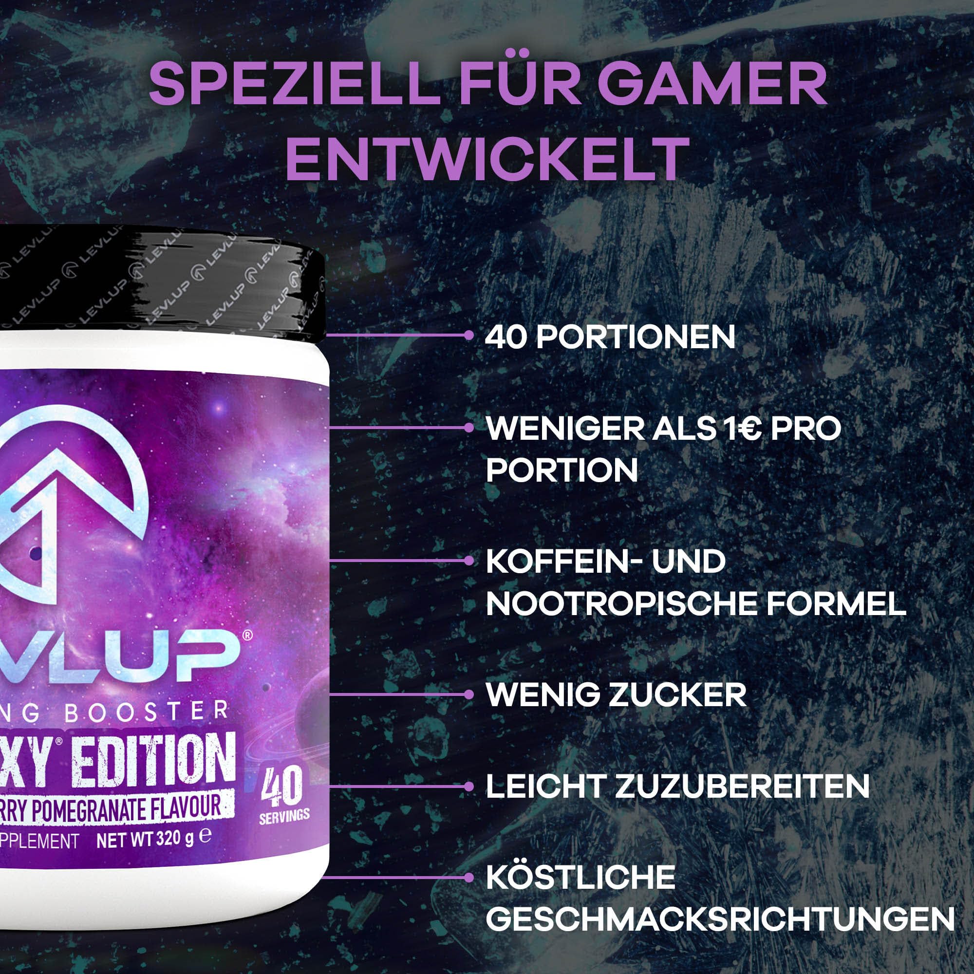 LevlUp Galaxy Edition Gaming Booster - Energy Drink für Gamer - Mit Taurin, Koffein, L-Tyrosin, Vitamin B12 - Açaí, Heidelbeere und Granatapfel - 320g - 40 Portionen