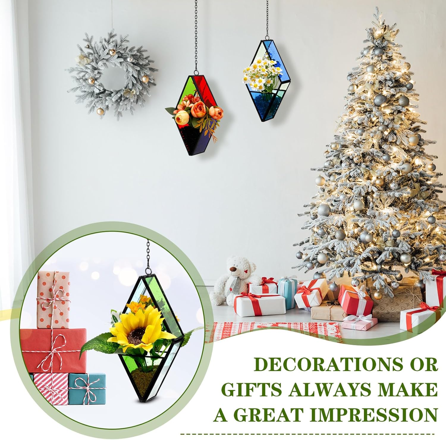 Hushee 4 Pcs Stained Glass Hanging Plant Terrariums Hanging Glass Planter Air Plant Holders with Chain for Window Christmas Home Decor Gifts for Mom Women, 7.87 x 3.94 x 1.97 Inch(Bright Color)