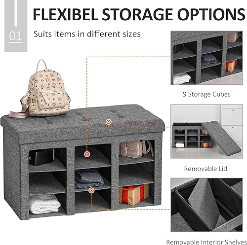 Miniatura 4 de HOMCOM Moderno banco plegable de almacenamiento de zapatos con tapa abatible, banco otomano para dormitorio y pasillo con 9 cubos, gris