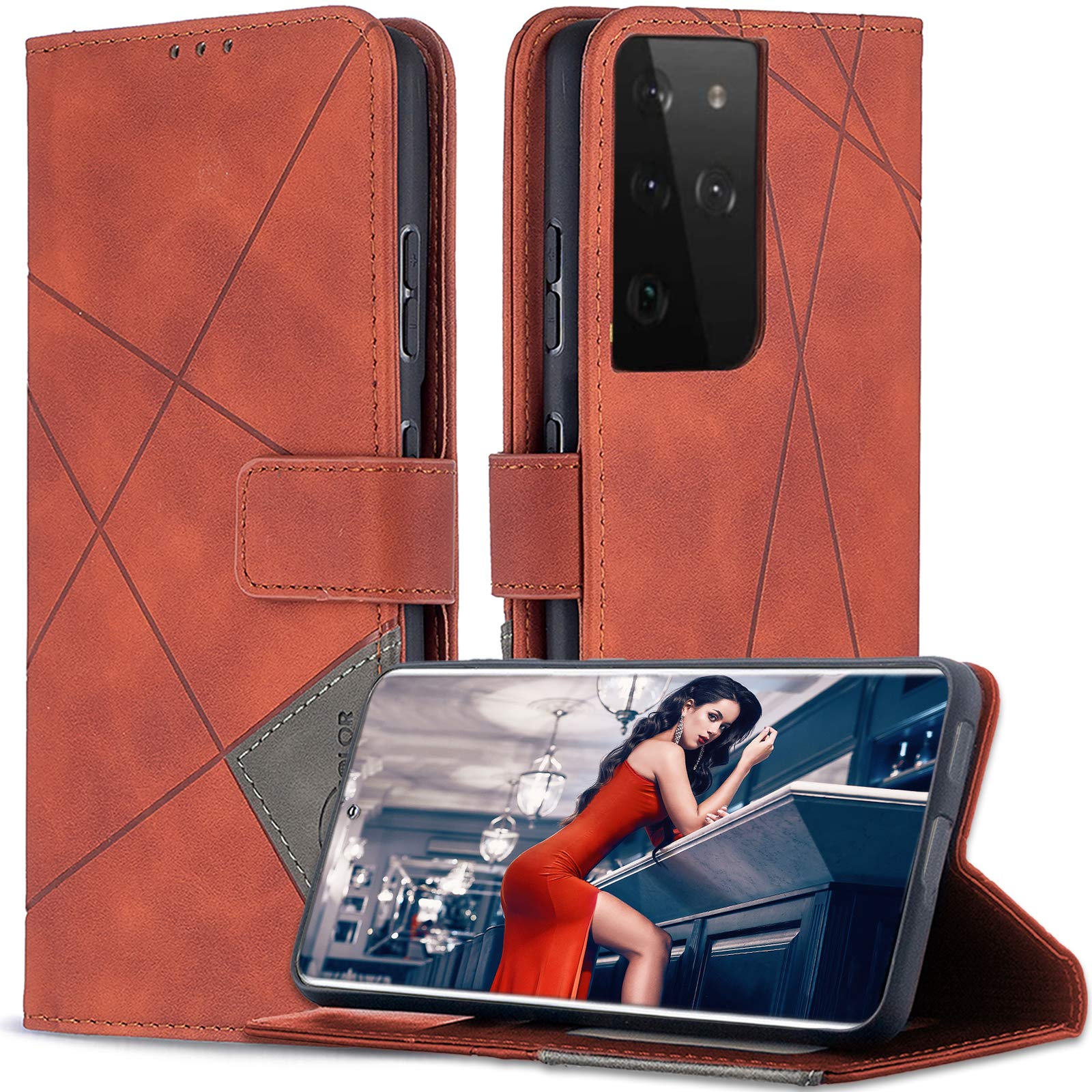 Compatible with Samsung Galaxy S21 Ultra Case with Lanyard PU Leather Wallet Cases Flip Shell Holder Kickstand Full Body Protective for Samsung S21 Ultra Cover 5G Protection