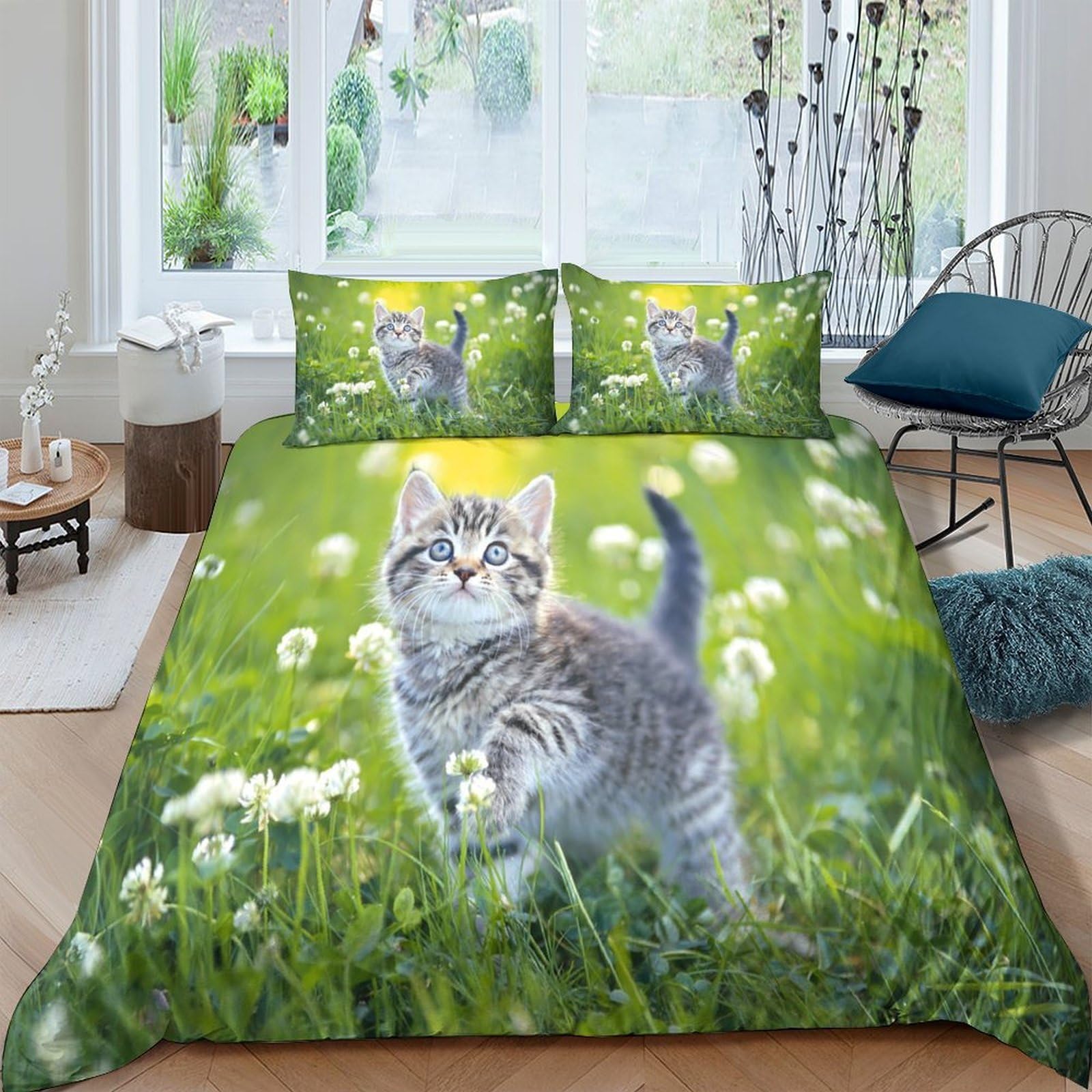 TUFRTGYHN 3D Printed Cute Kitten Duvet Cover Microfiber Soft Breathable Meadow Flowers Bedding Set with 2 Pillowcases for Bedroom Decor Single（135x200cm）