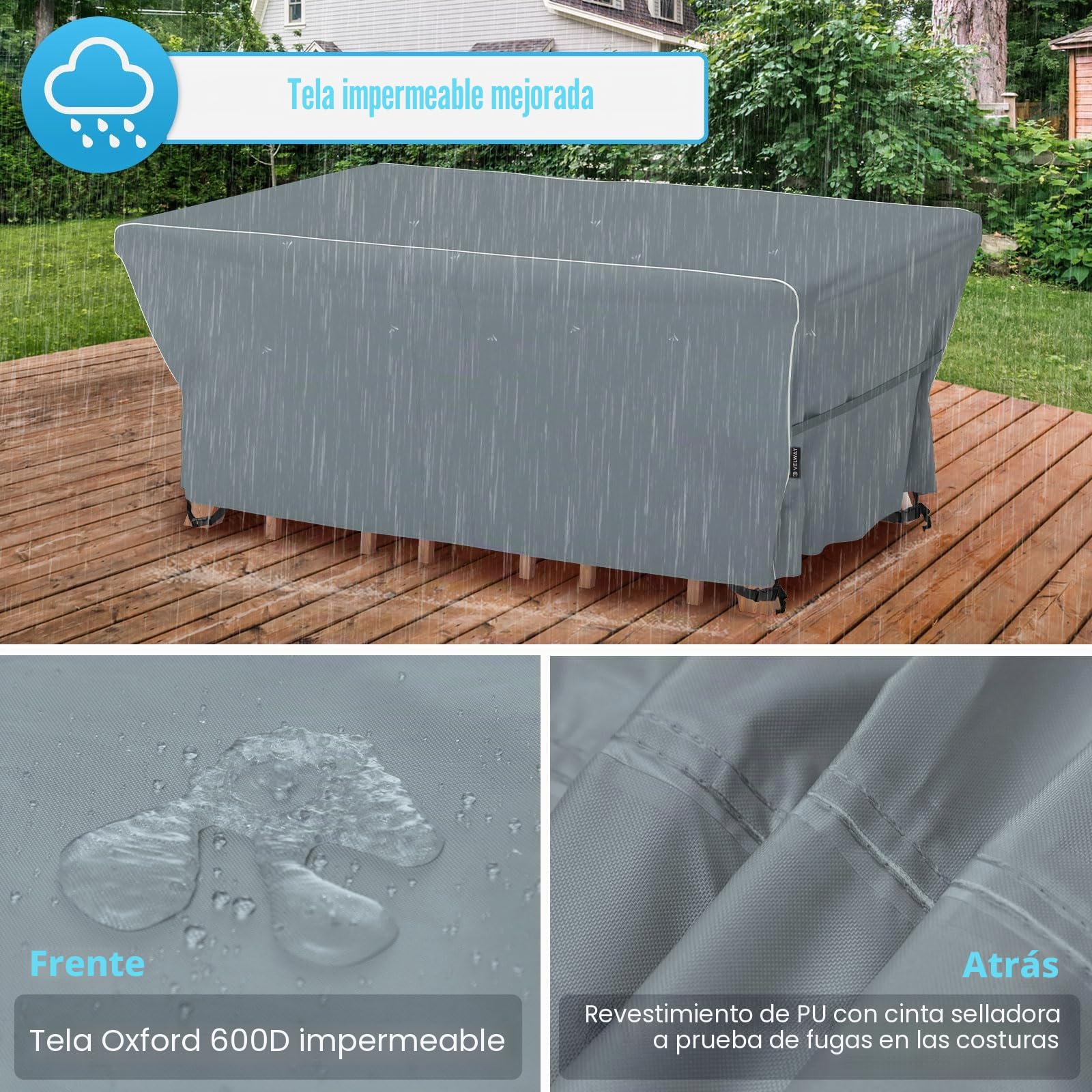Velway Funda para Muebles de Jardín Impermeable: 242x162x71cm Cubierta de Mesa de Jardín Tela Oxford 600D con Tiras Reflectantes Anti UV Funda Protectora Exterior para Mesa Y Sillas Sofá - Gris